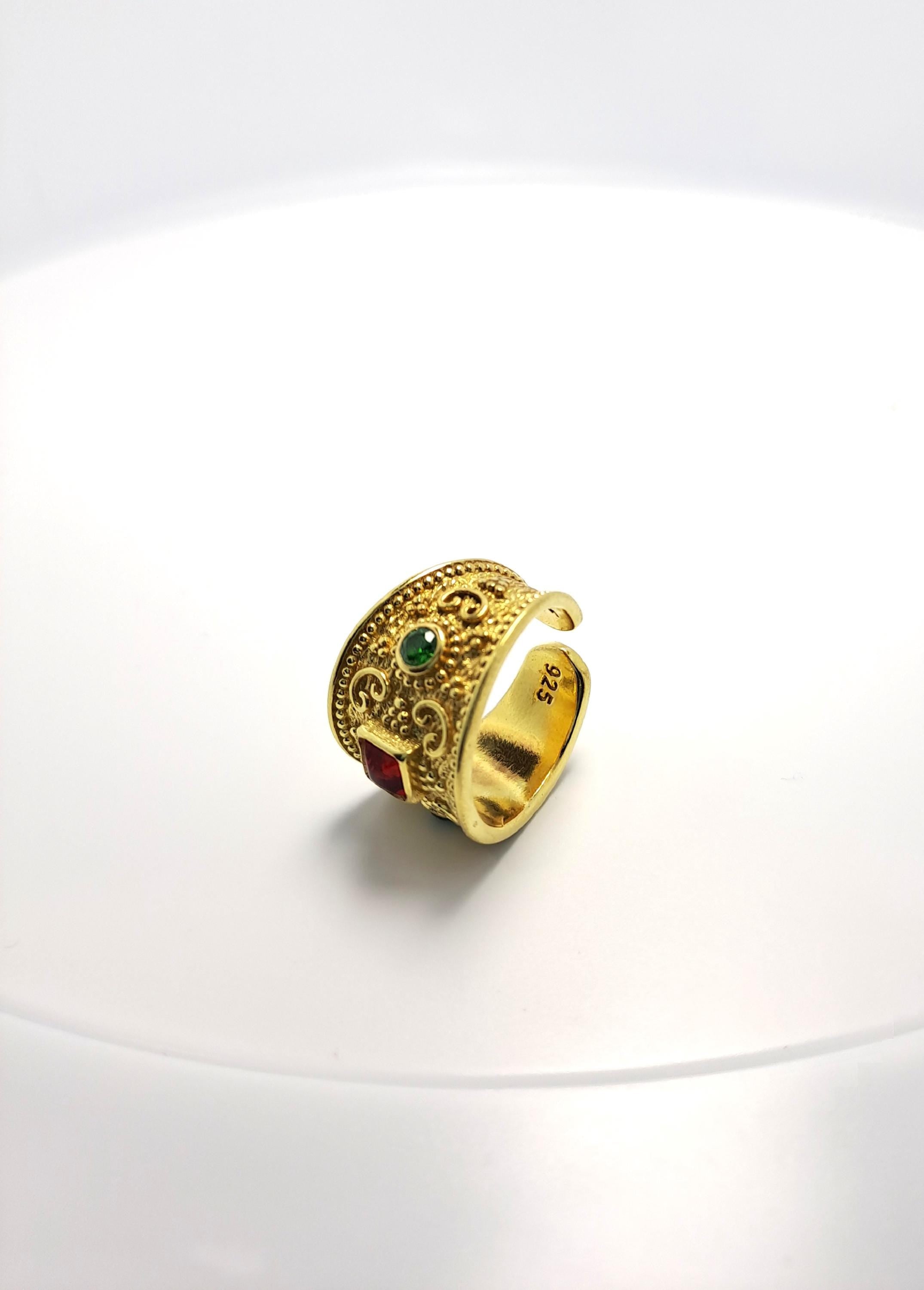 Byzantine Filigree Ring – Gold Tone Adjustable Cuff With Red & Green Zircon