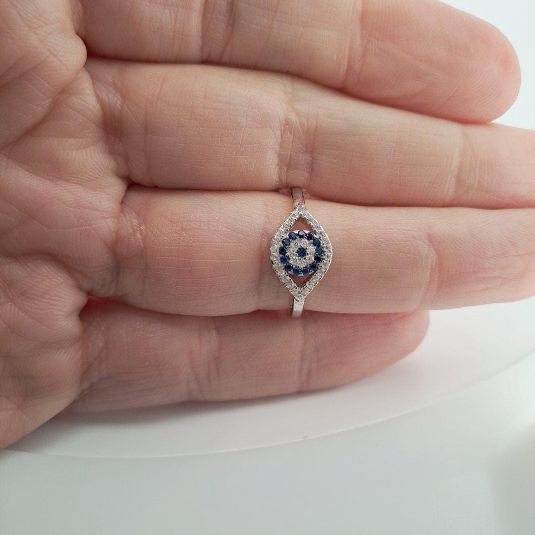 Silver Evil Eye Ring – Blue Zircon Center, Dainty Protective 925 Silver Band