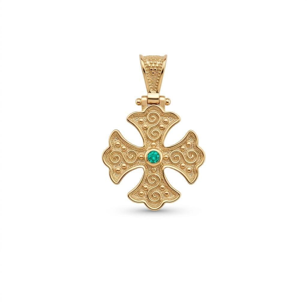 Gold Plated Cross Pendant – Byzantine Engraved Gemstone Religious Charm