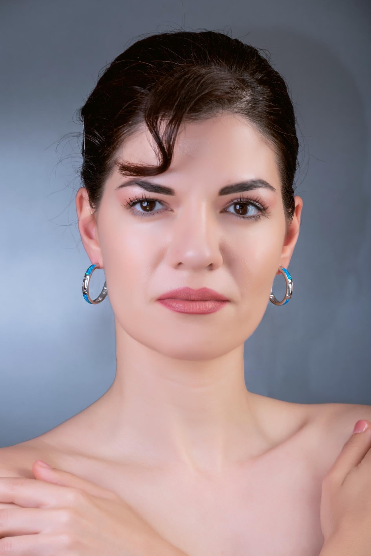 Sterling Silver Opal Hoop Earrings, Greek Key Meander Design