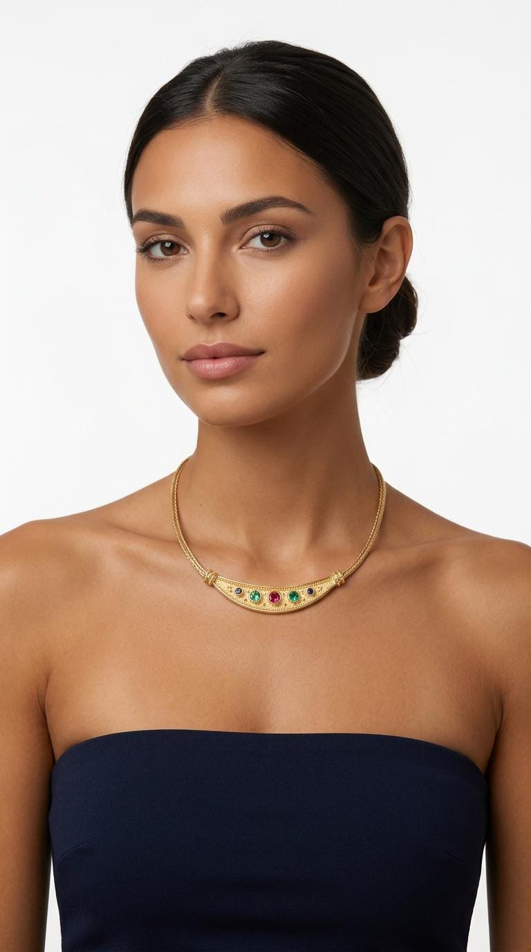 Byzantine Necklace – Gold Plated Multicolor Gemstone Necklace with Greek Key Design