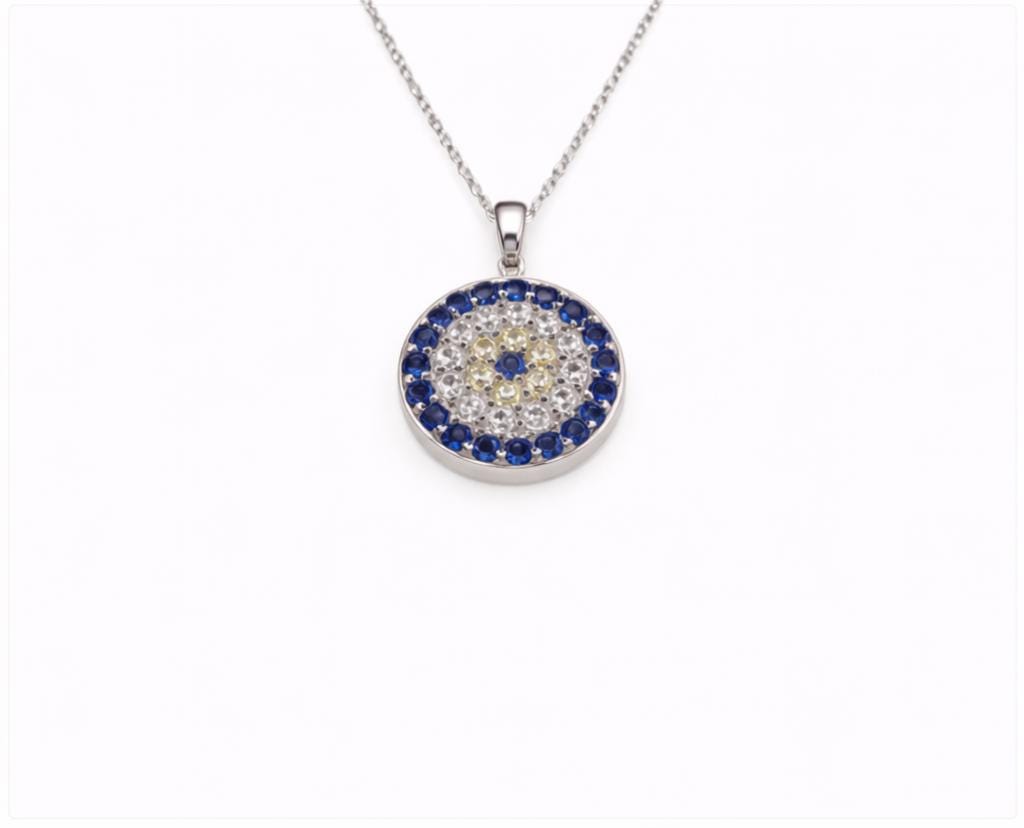 Evil Eye Pendant Necklace – Silver Round Blue Zirconia Protection Charm