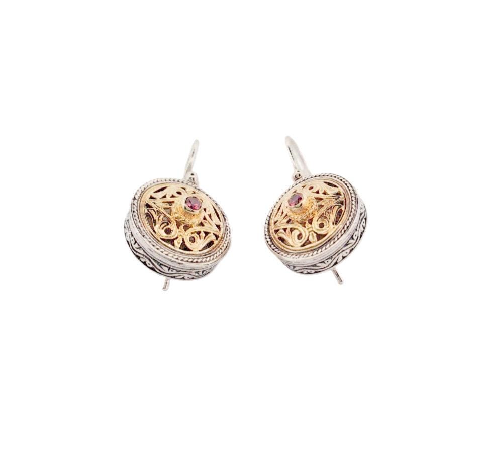 Gold Plated Ruby Earrings – Two Tone Byzantine Style Dangle With Filigree Design