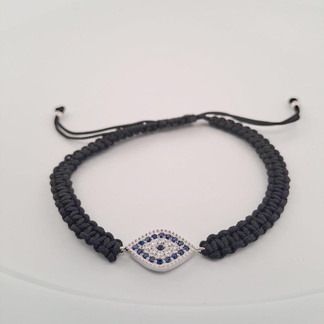 Evil Eye Bracelet – Black Cord Adjustable Fit With Silver Charm & Blue Zircon