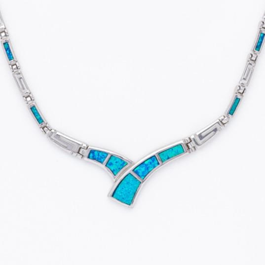 Blue Opal Geometric Necklace, Greek Key Meander Design