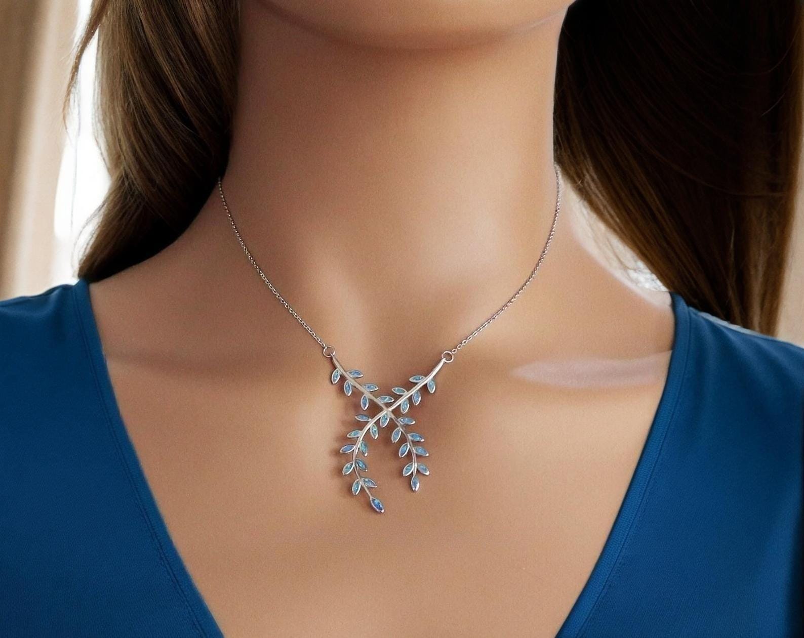 Blue Opal Olive Branch Necklace: Sterling Silver Nature Jewelry