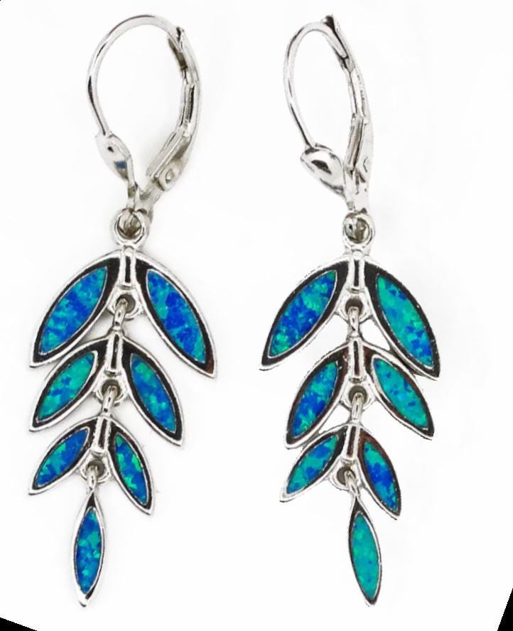 Silver Blue Opal Leaf Dangle Earrings, Greek Inspired Olive Branch Design