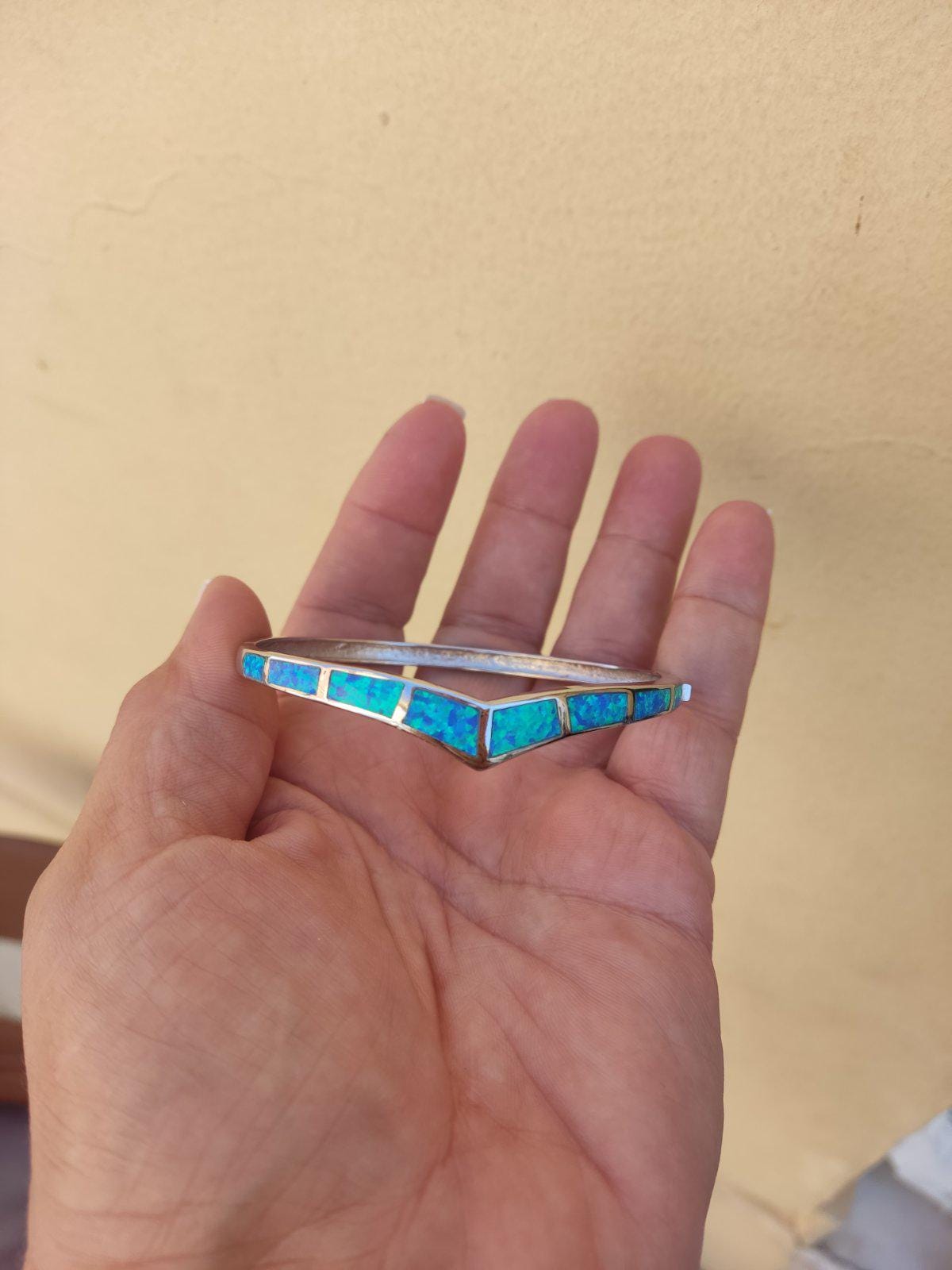 Blue Opal Bangle Bracelet, Sterling Silver 925, Greek Inspired Design