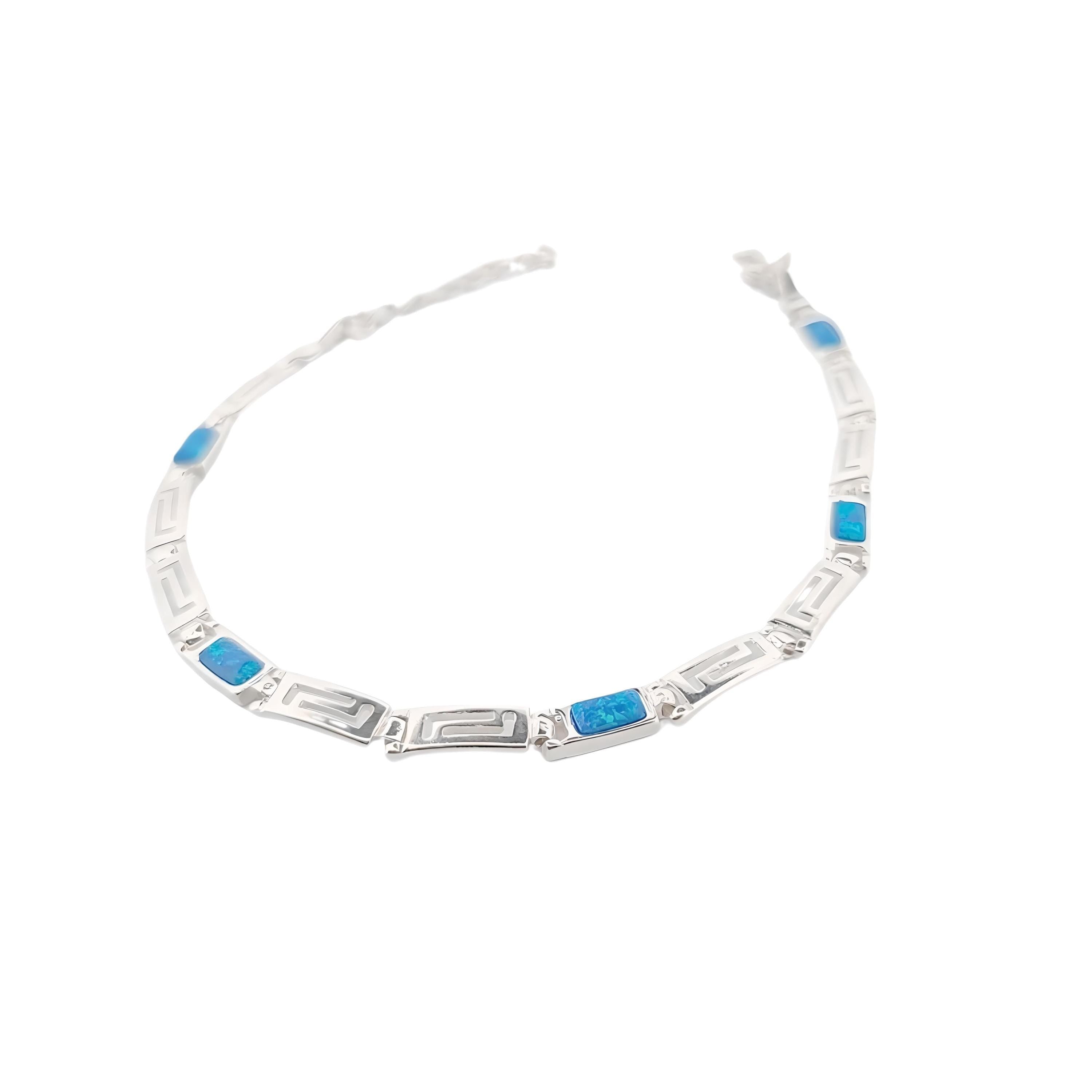 Greek Key Blue Opal Silver Bracelet, Meander Design