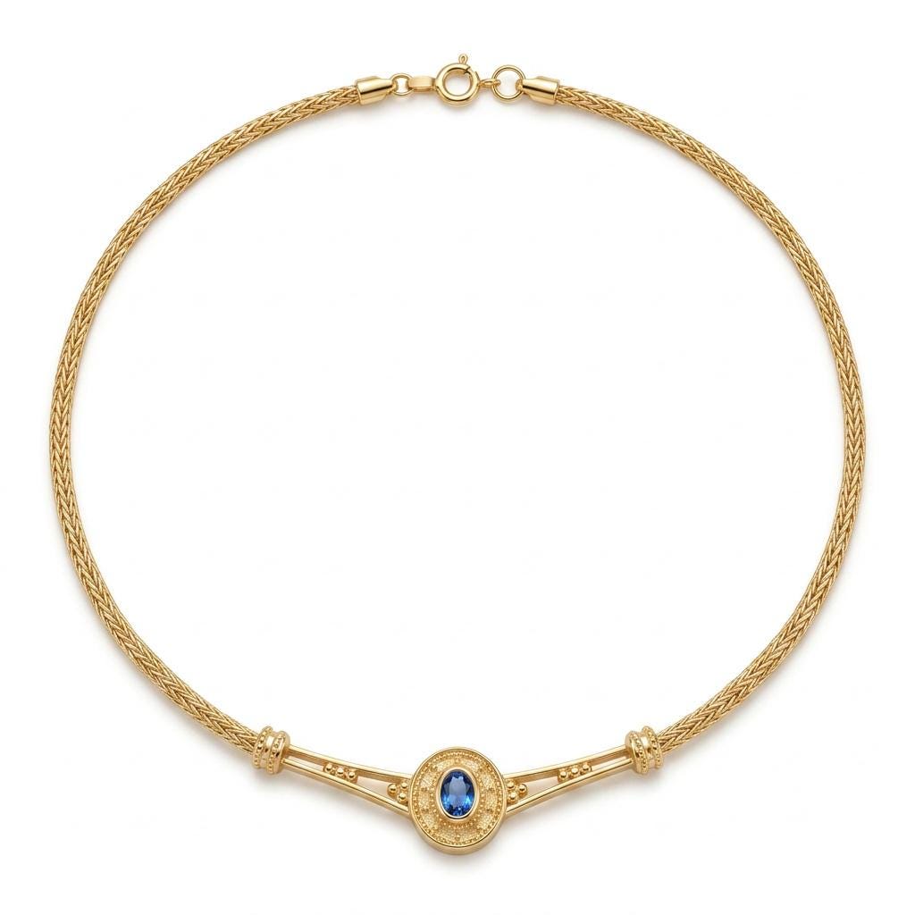 Gold Plated Byzantine Necklace – Blue Oval Gemstone Woven Chain, Antique Inspired Jewelry