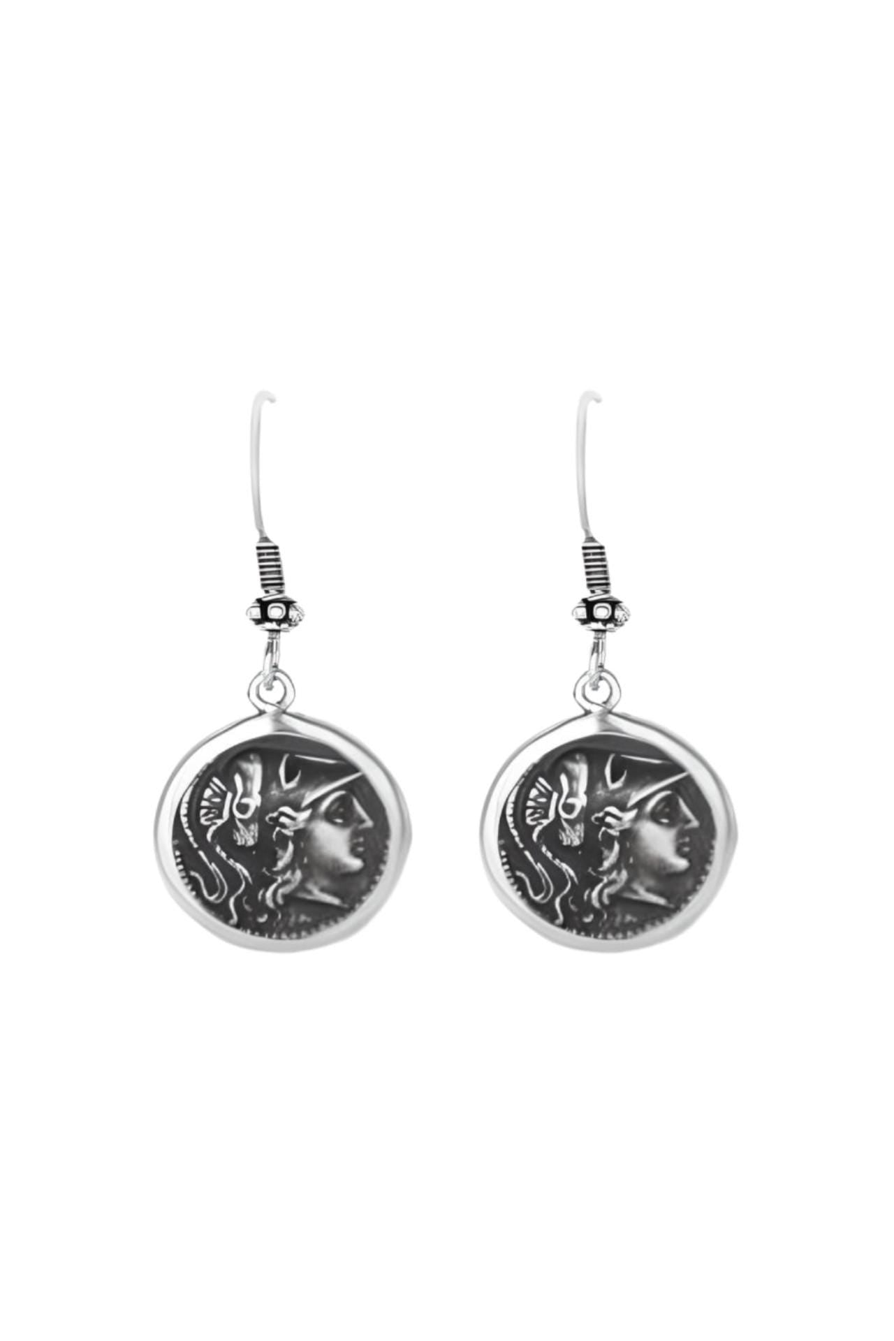 Greek Goddess Athena Dangle Earrings, Silver Coin Design, Antique Style
