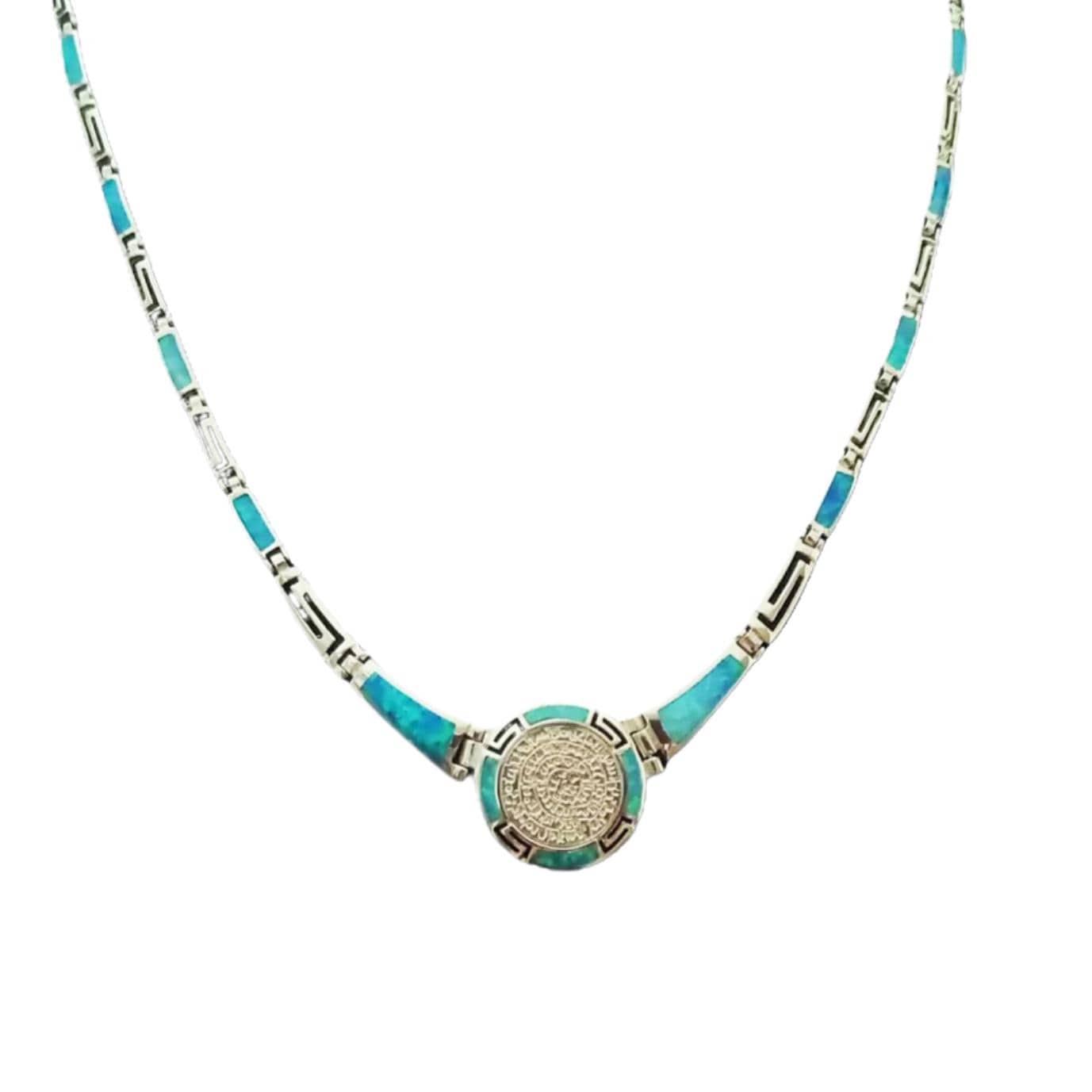 Blue Opal Phaistos Disc Necklace: Sterling Silver Greek Key Design
