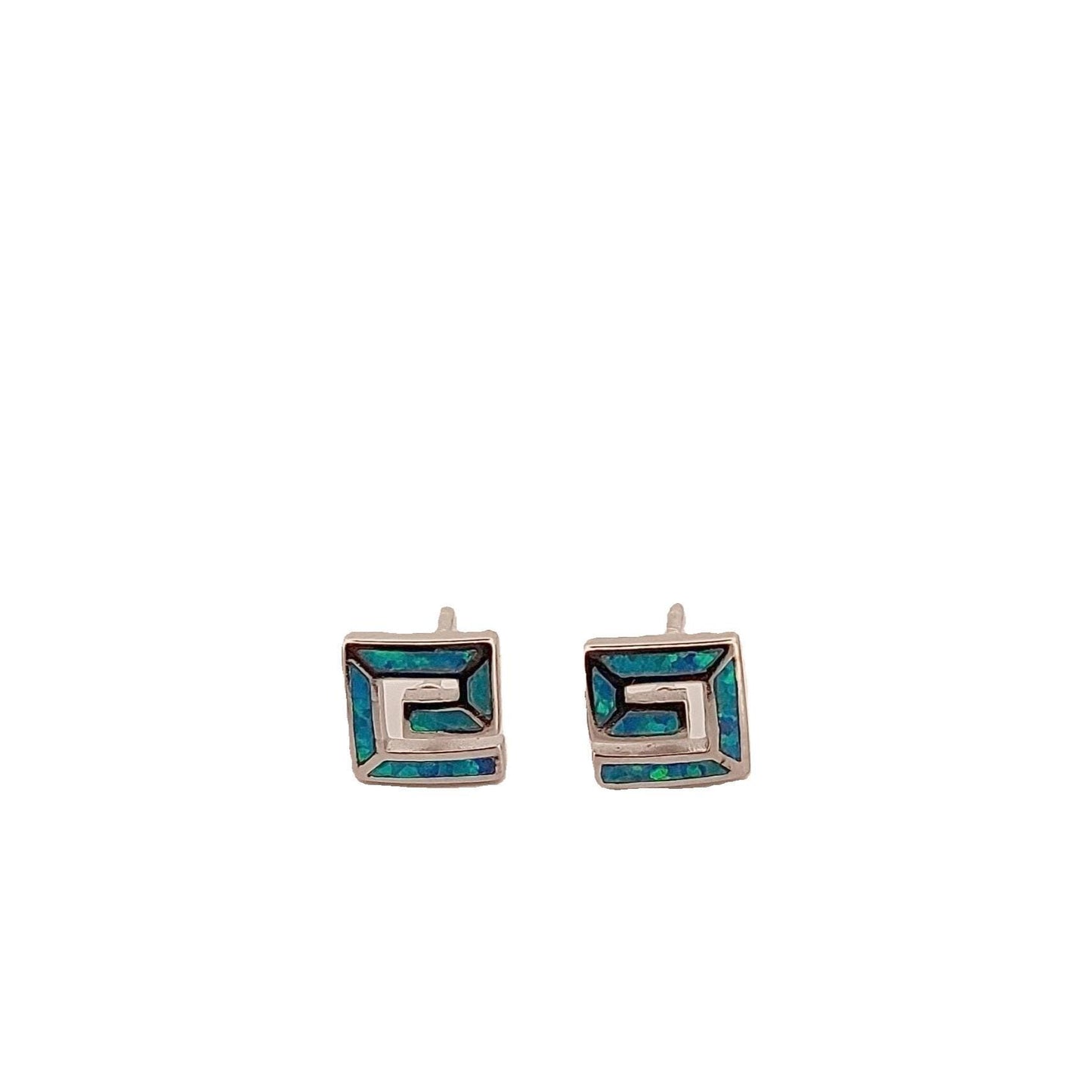 Blue Opal Greek Key Sterling Silver Stud Earrings
