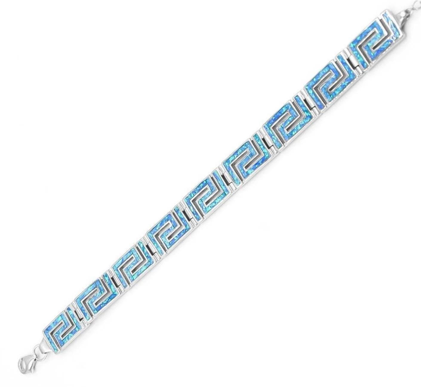 Blue Opal Greek Key Bracelet, Sterling Silver 925, Meander Design
