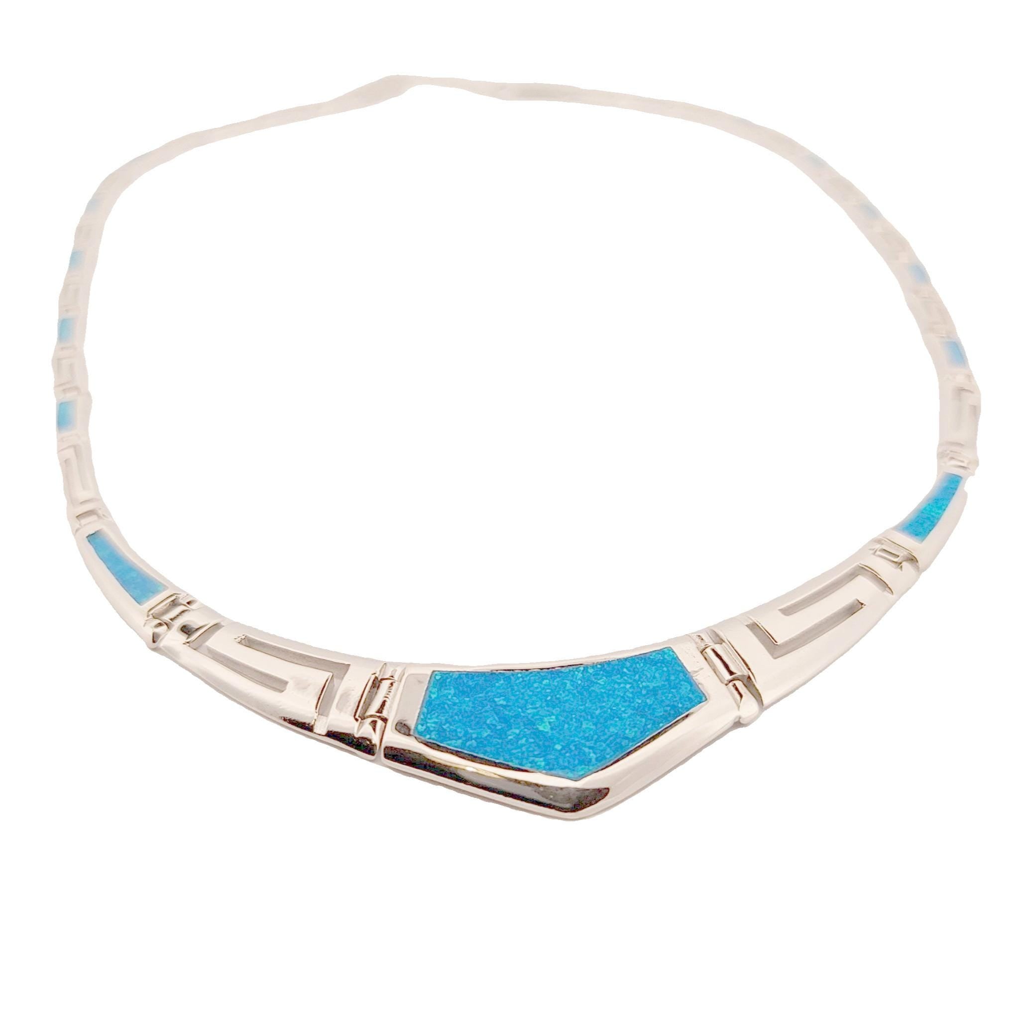 Sterling Silver Blue Opal Necklace with Greek Key Meander Design