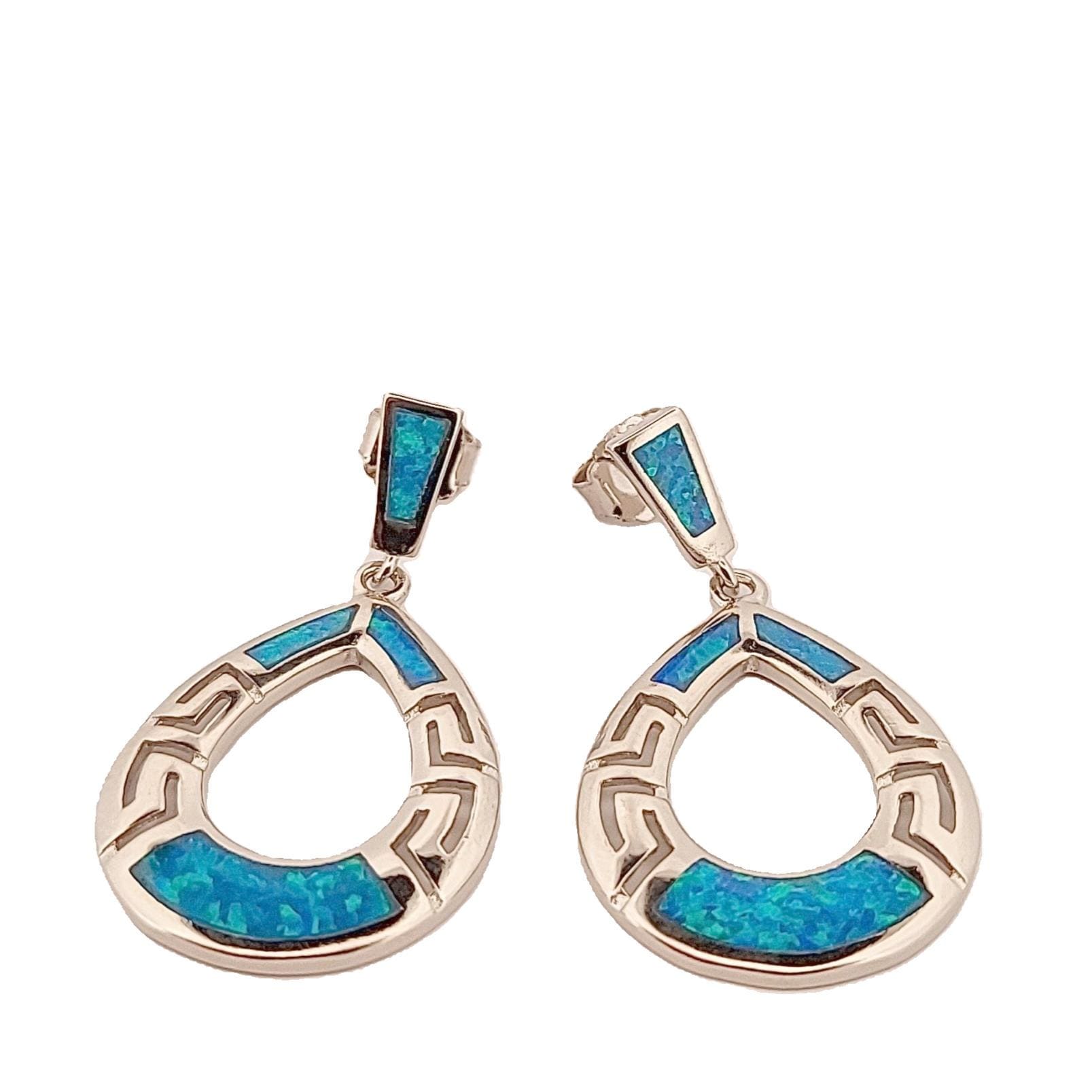 Blue Opal Greek Key Earrings: Sterling Silver Dangle, October Birthstone