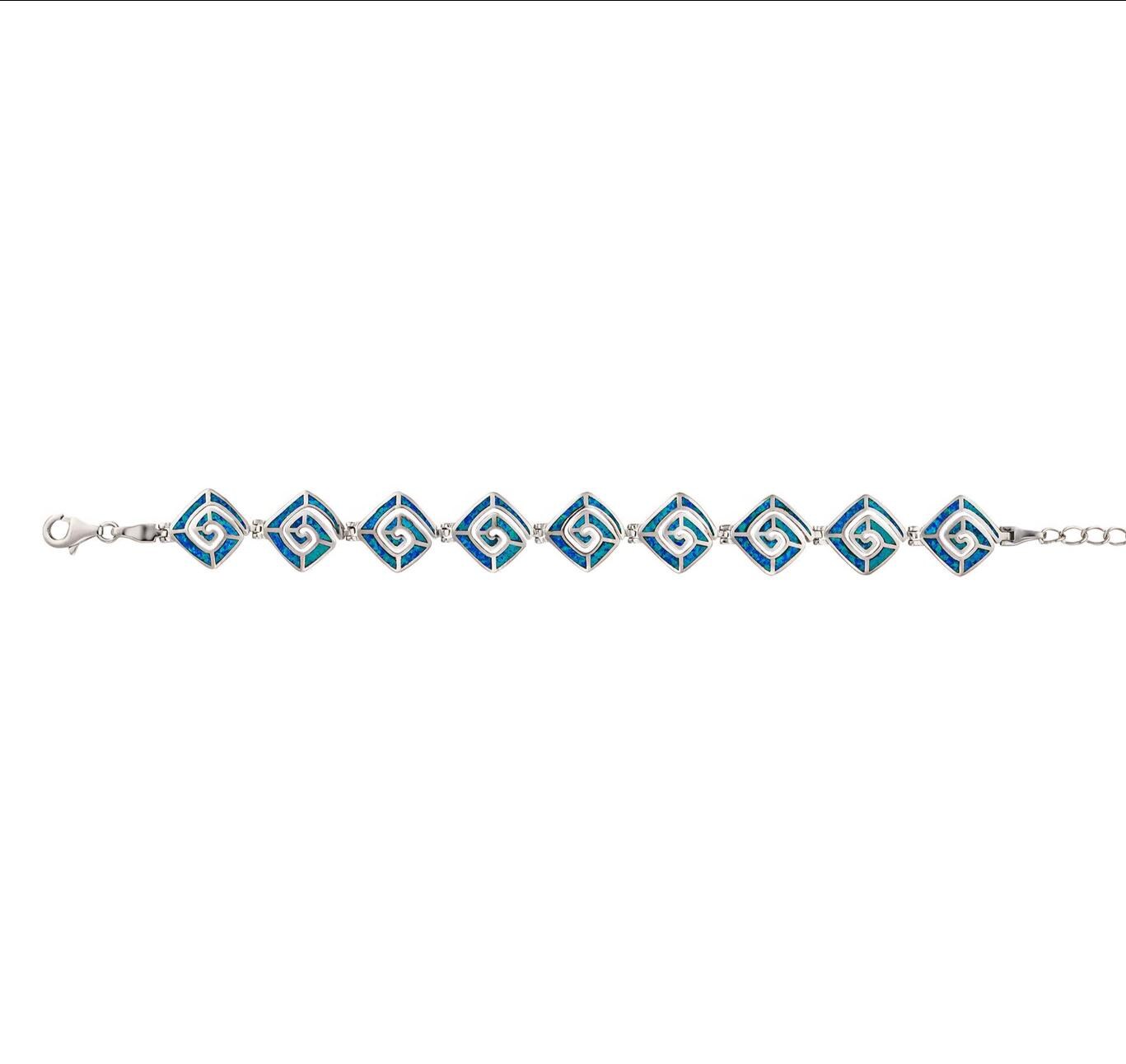 Blue Opal Greek Key Bracelet, Sterling Silver 925, Meander Design Link Bracelet