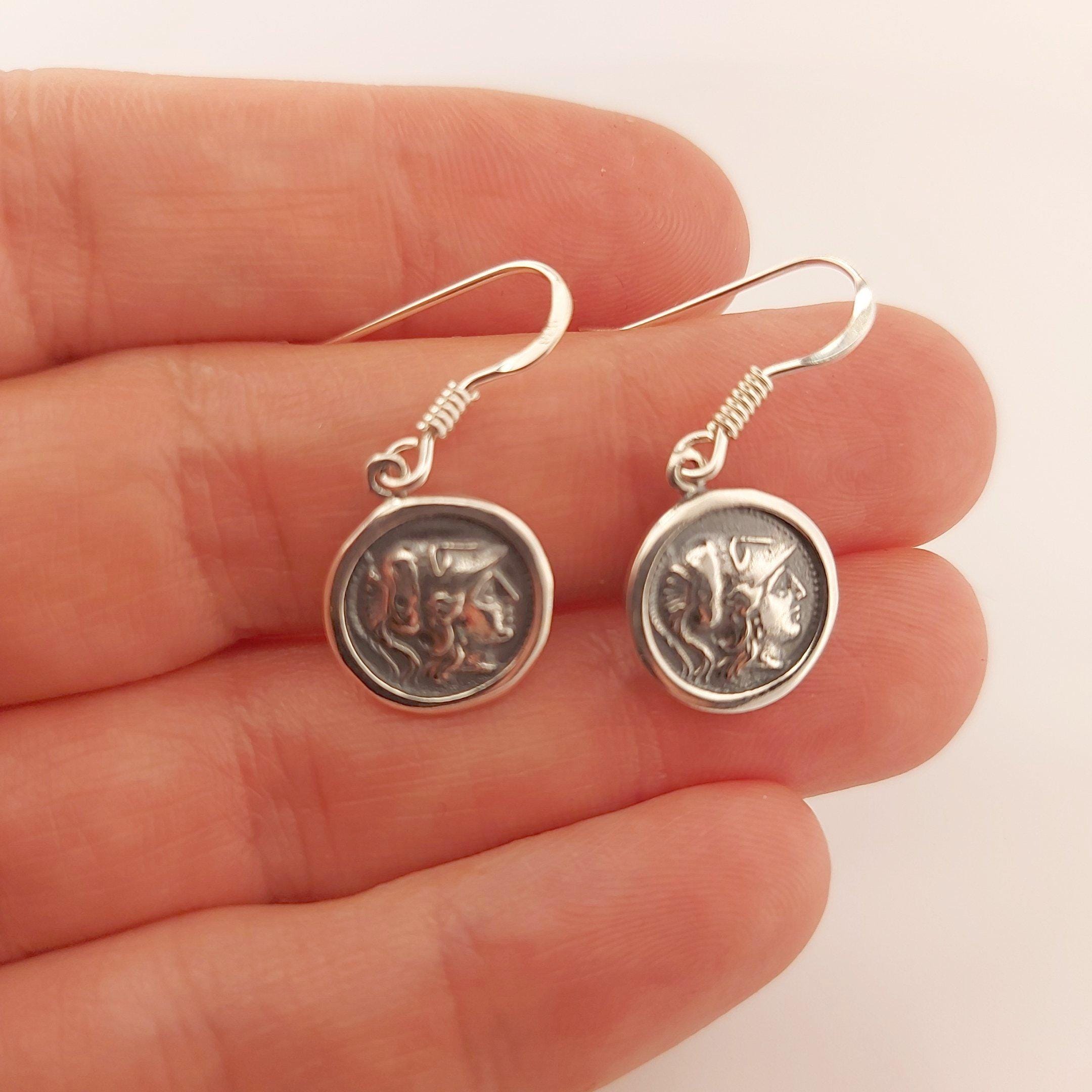 Greek Goddess Athena Dangle Earrings, Silver Coin Design, Antique Style