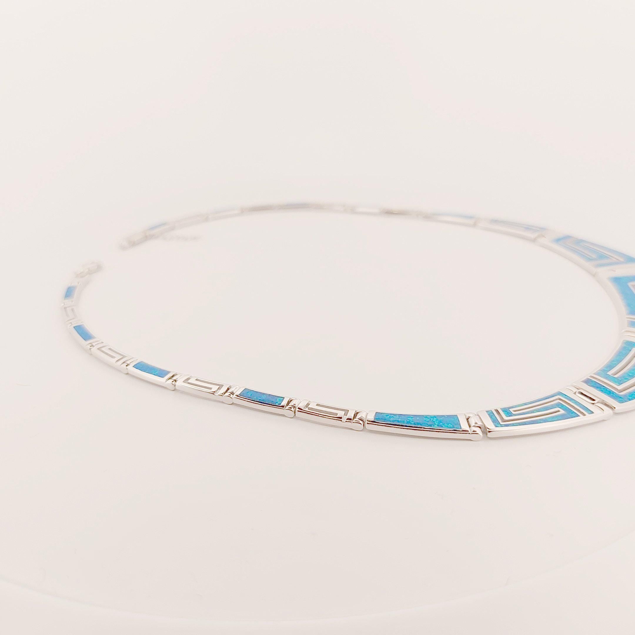 Sterling Silver Blue Opal Necklace, Greek Key Meander Design 925 Silver