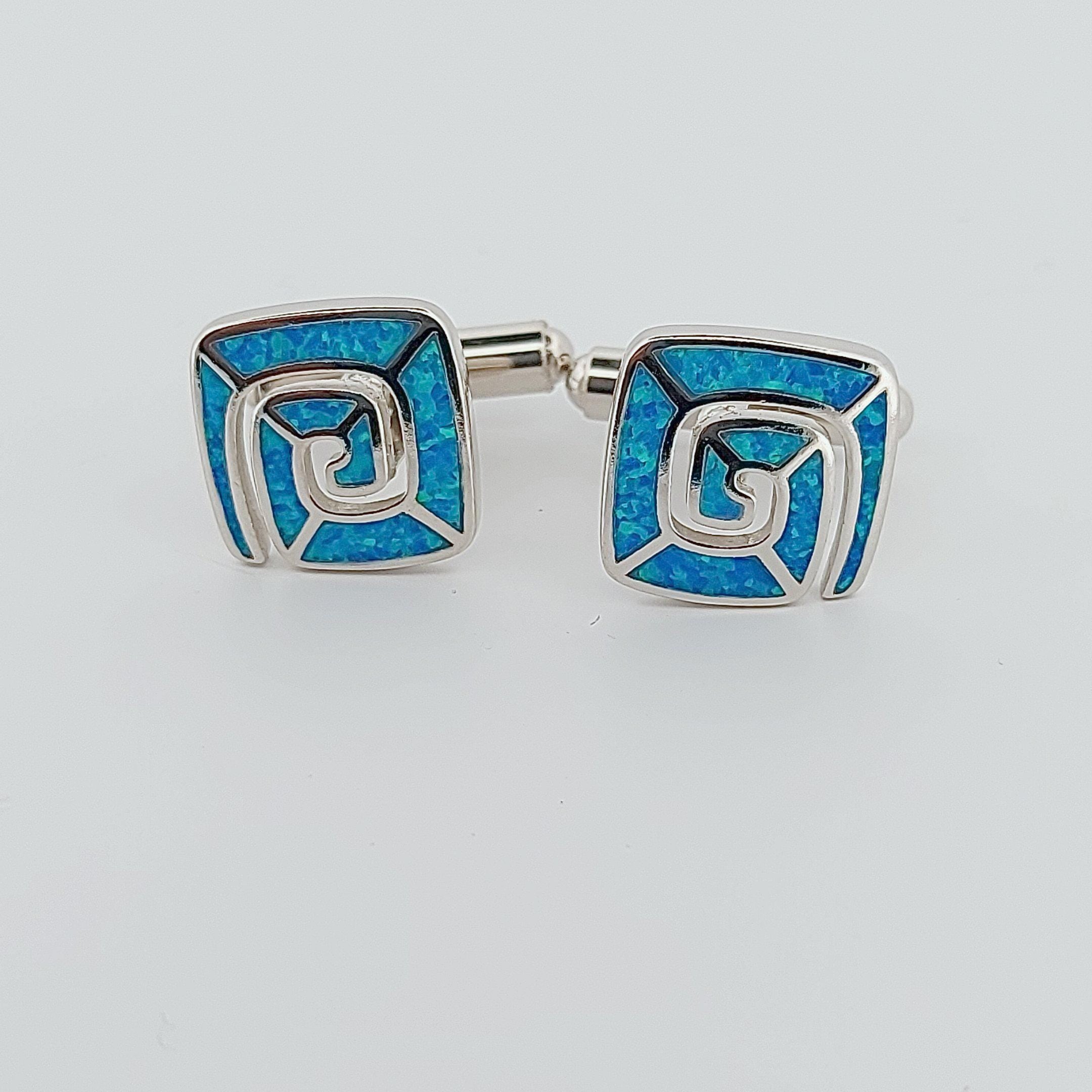 Blue Opal Greek Key Cufflinks, Sterling Silver, Meander Square Design, 925 Silver