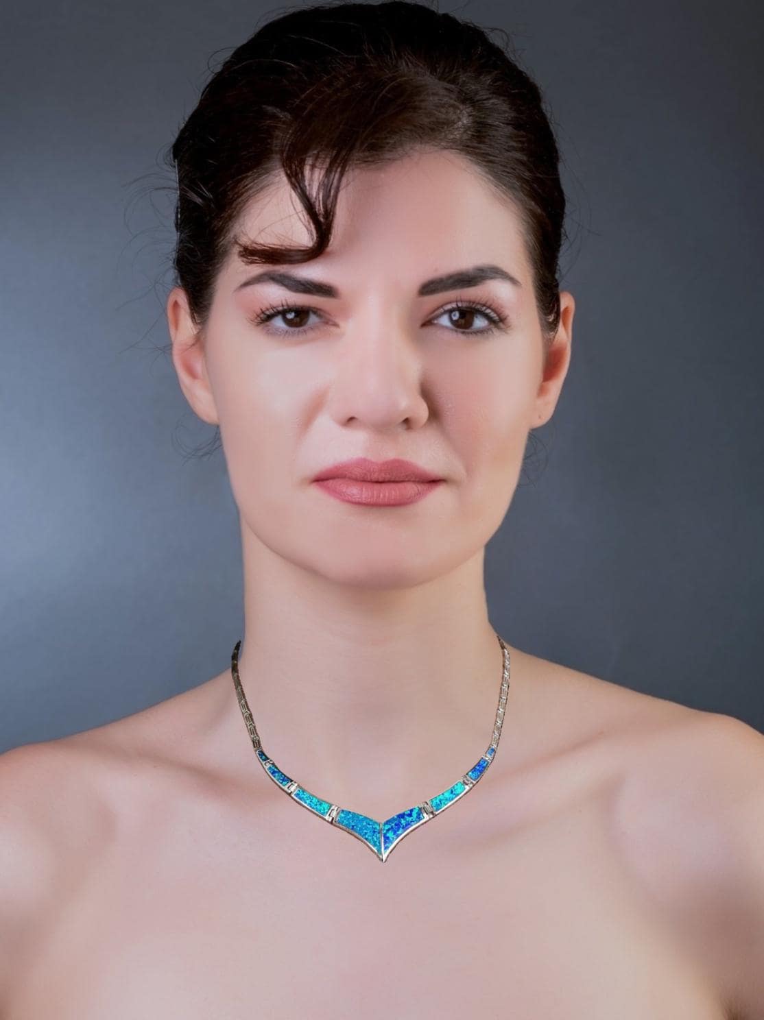Blue Opal V-Shape Necklace, Greek Key Meander Design