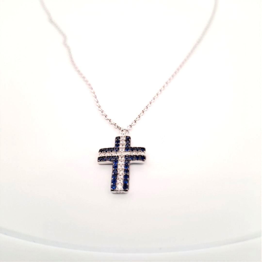 Cross Pendant Necklace – Silver Charm with Blue Zirconia & Clear Stones, Elegant Design
