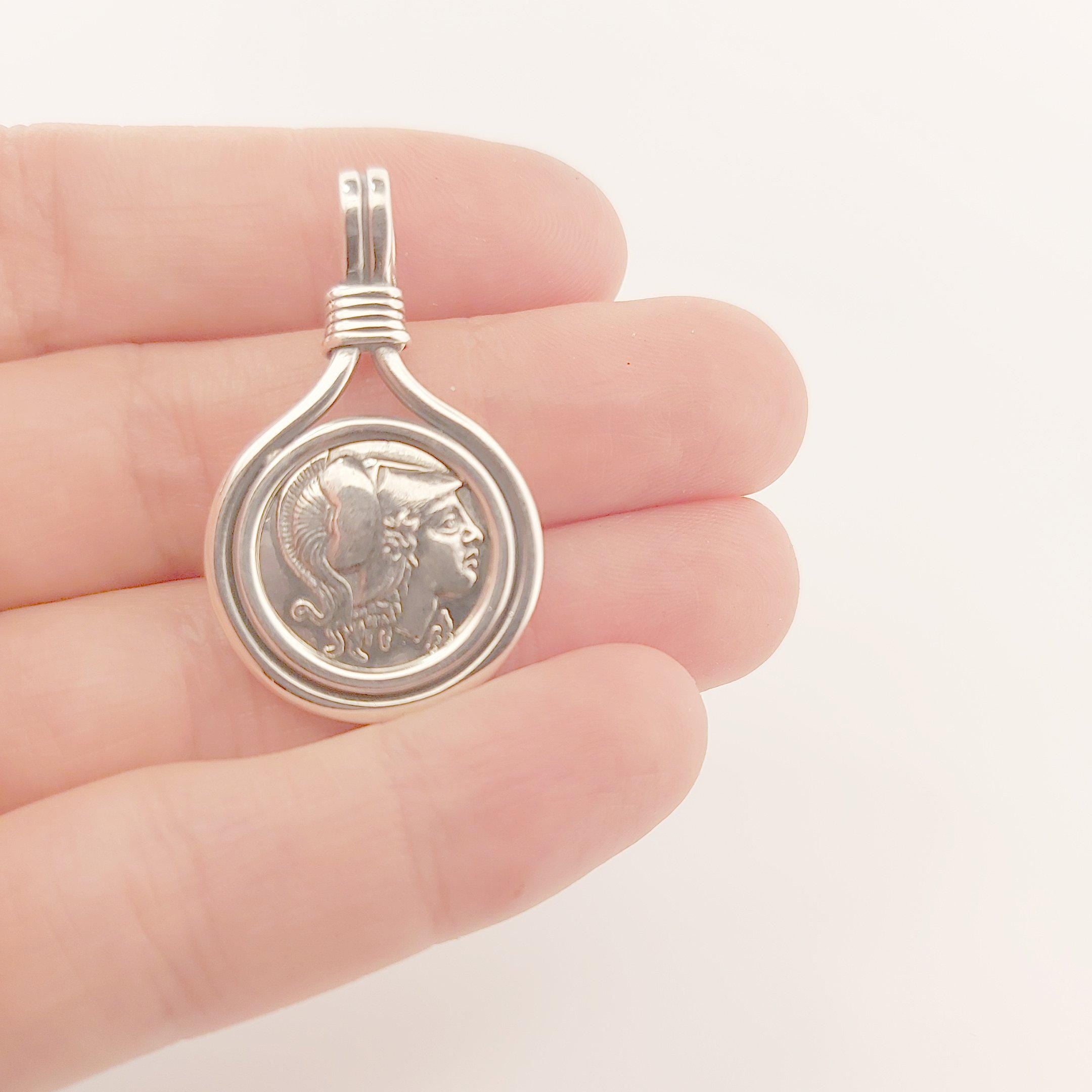 Ancient Greek Athena Silver Pendant, Double-Sided Coin Design, Mythology Jewelry