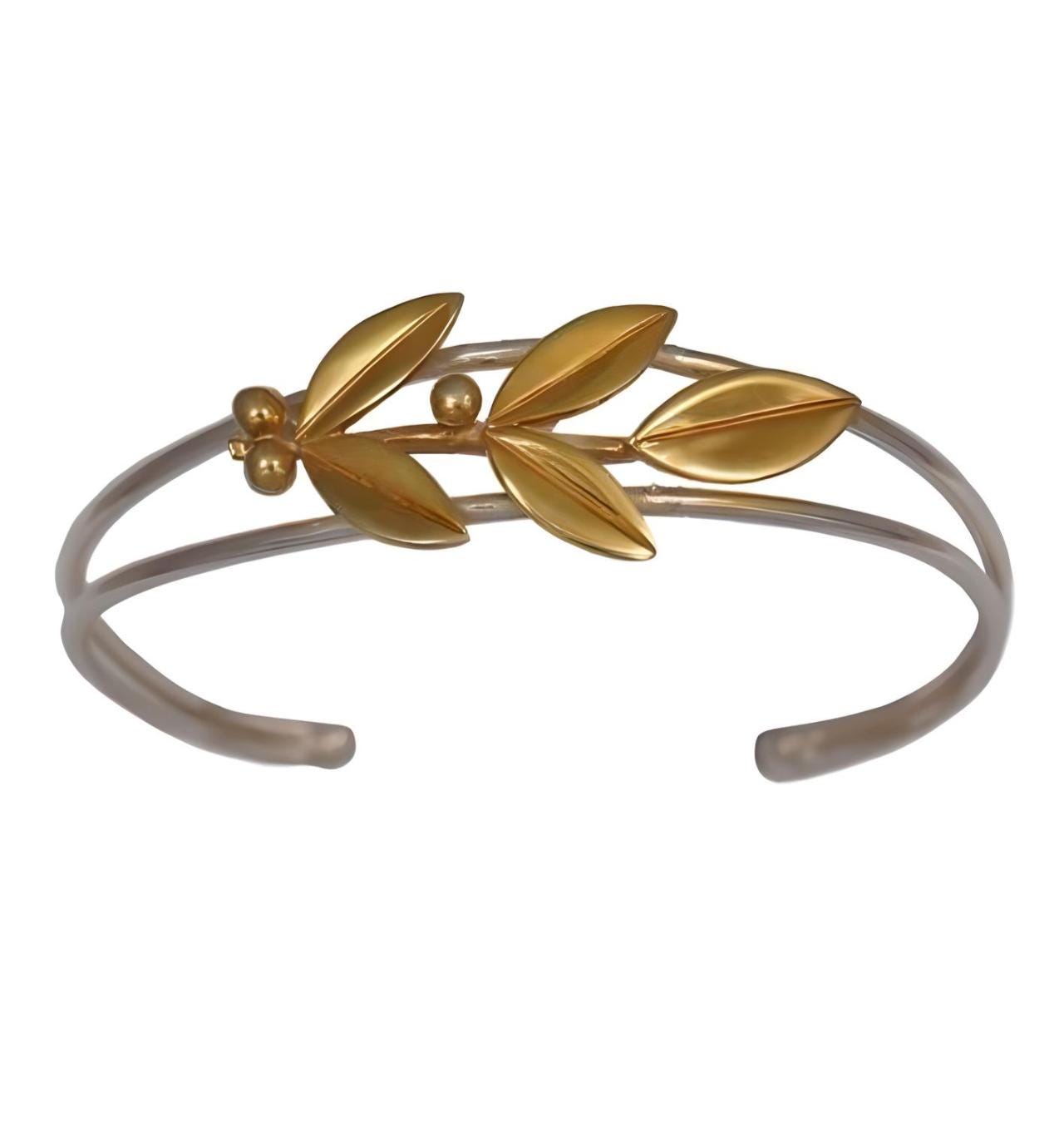 Olive Leaves Bracelet, Silver Dual-Band Cuff with Gold Plated Greek Design, Elegant Leaf Motif