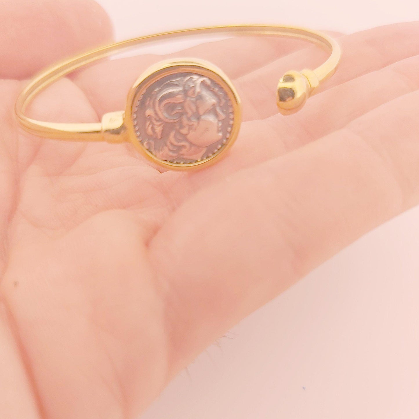 Alexander the Great Bracelet, Silver and Gold Plated, Greek Coin Bangle