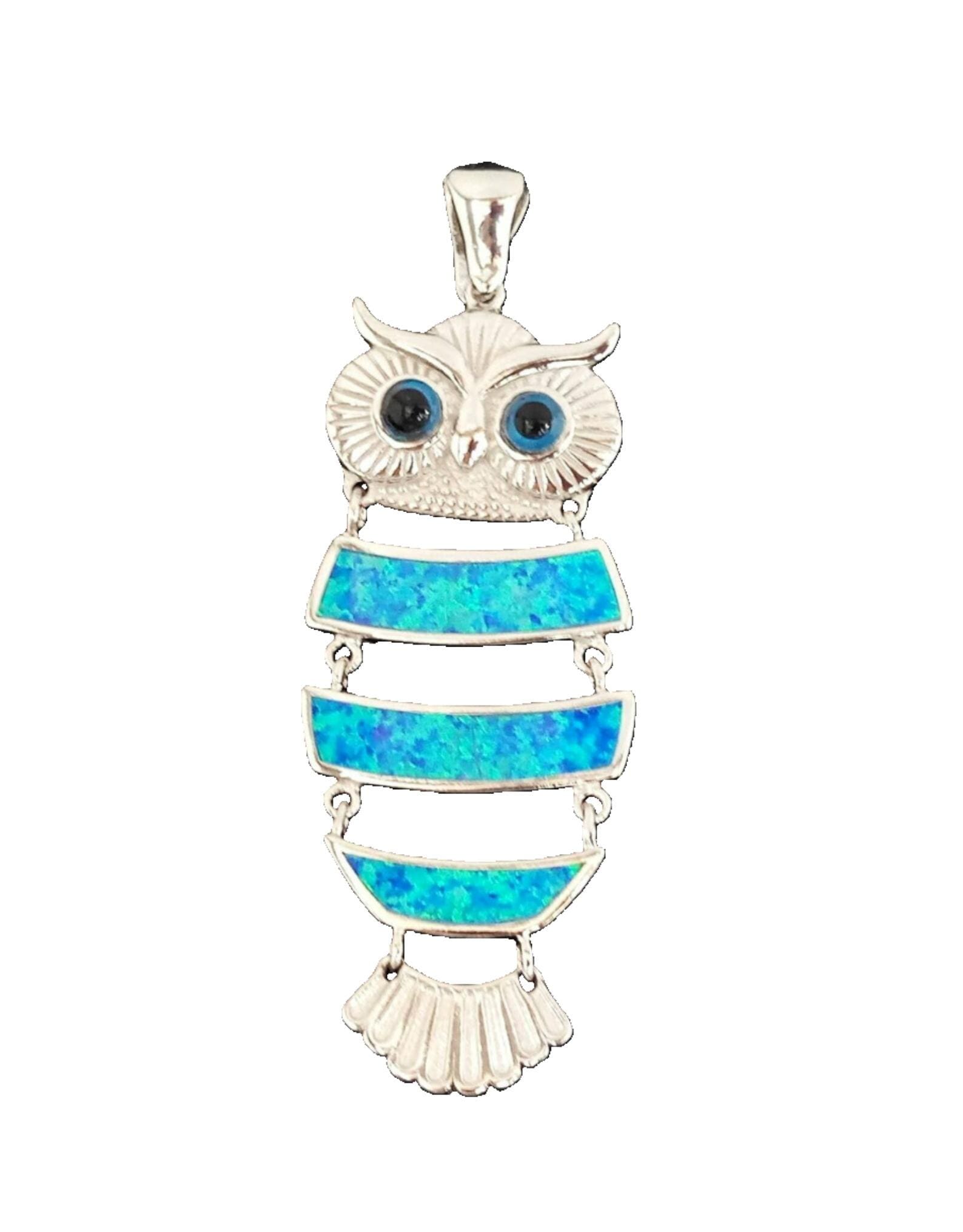 Blue Opal Owl Pendant: Sterling Silver 925, Artisan Crafted
