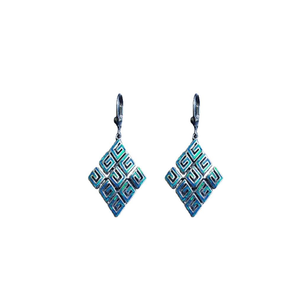 Blue Opal Greek Key Earrings: Sterling Silver Rhombus Dangle