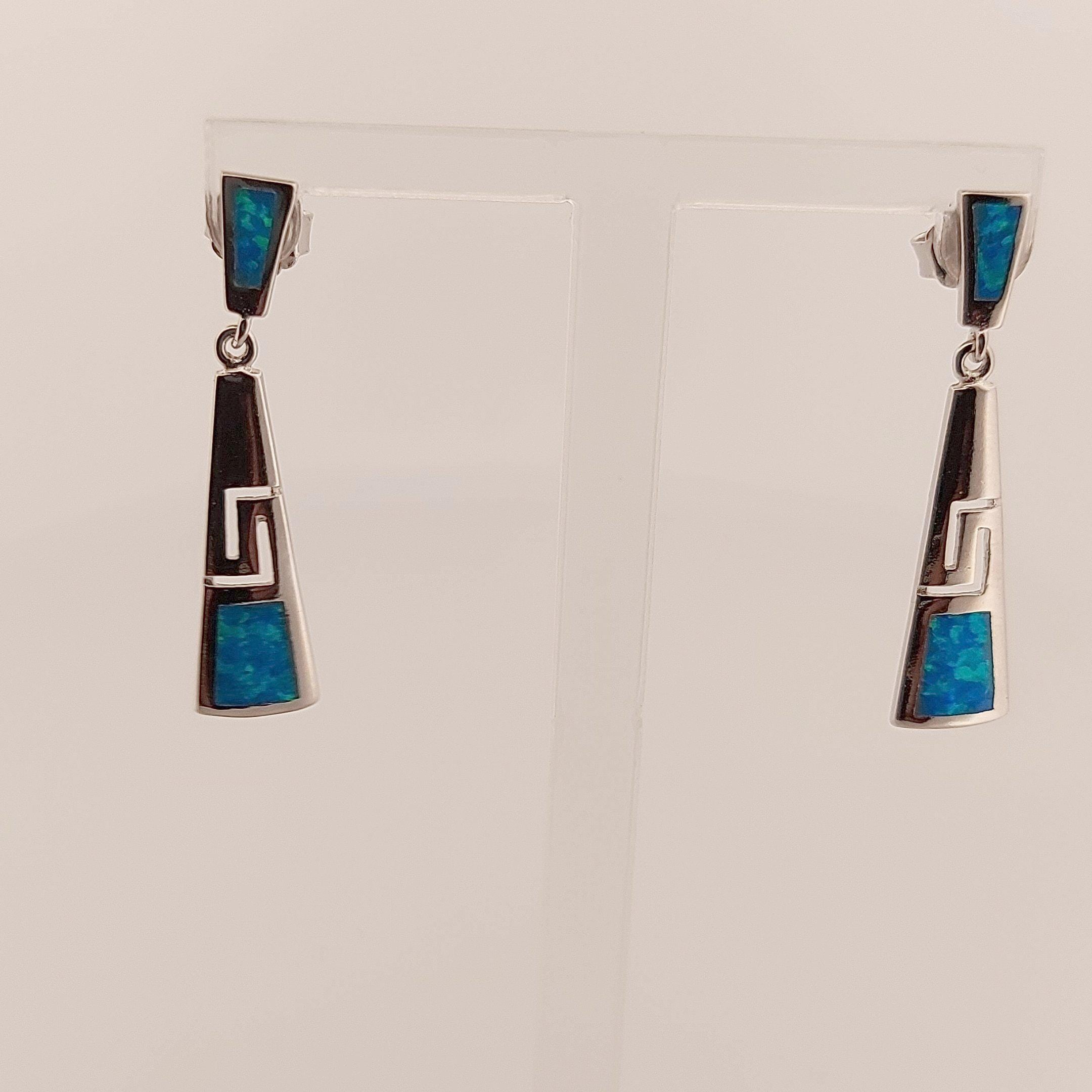 Sterling Silver Blue Opal Dangle Earrings: Greek Key Design