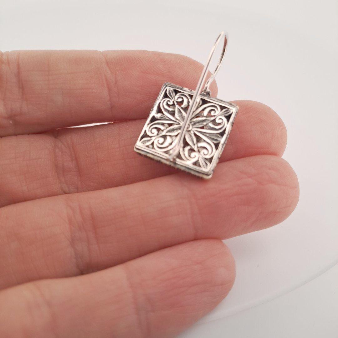 Byzantine Filigree Earrings – Two Tone Square Dangle Drops With Classic Hooks