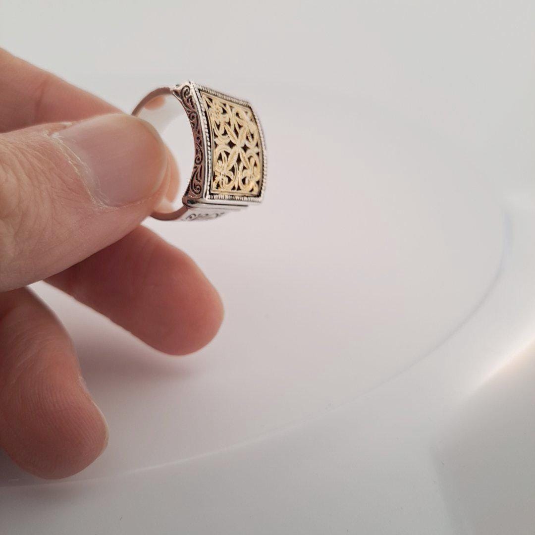 Byzantine Gold Ring - Ornate Filigree Square Cross Wide Band Silver Statement