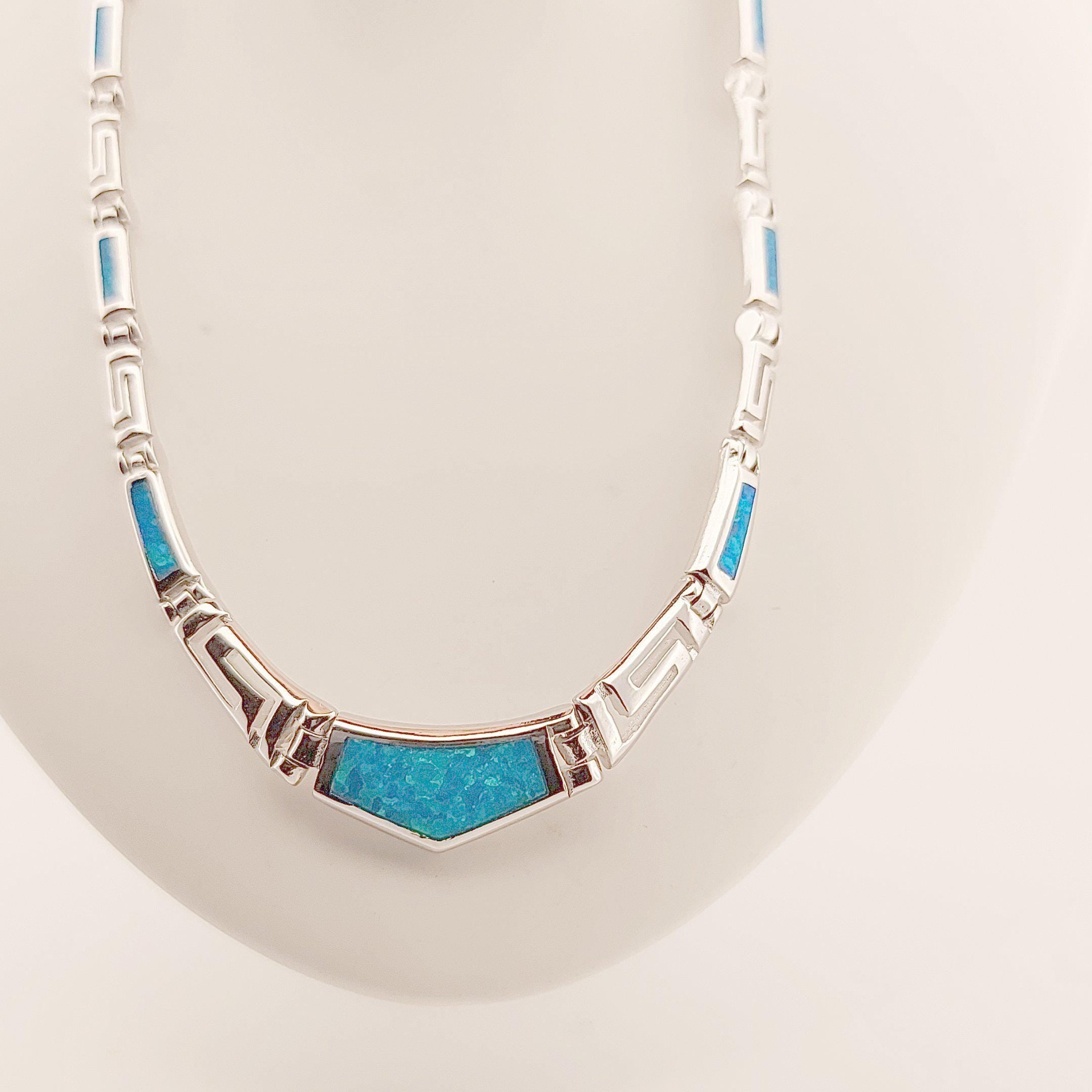 Sterling Silver Blue Opal Necklace with Greek Key Meander Design