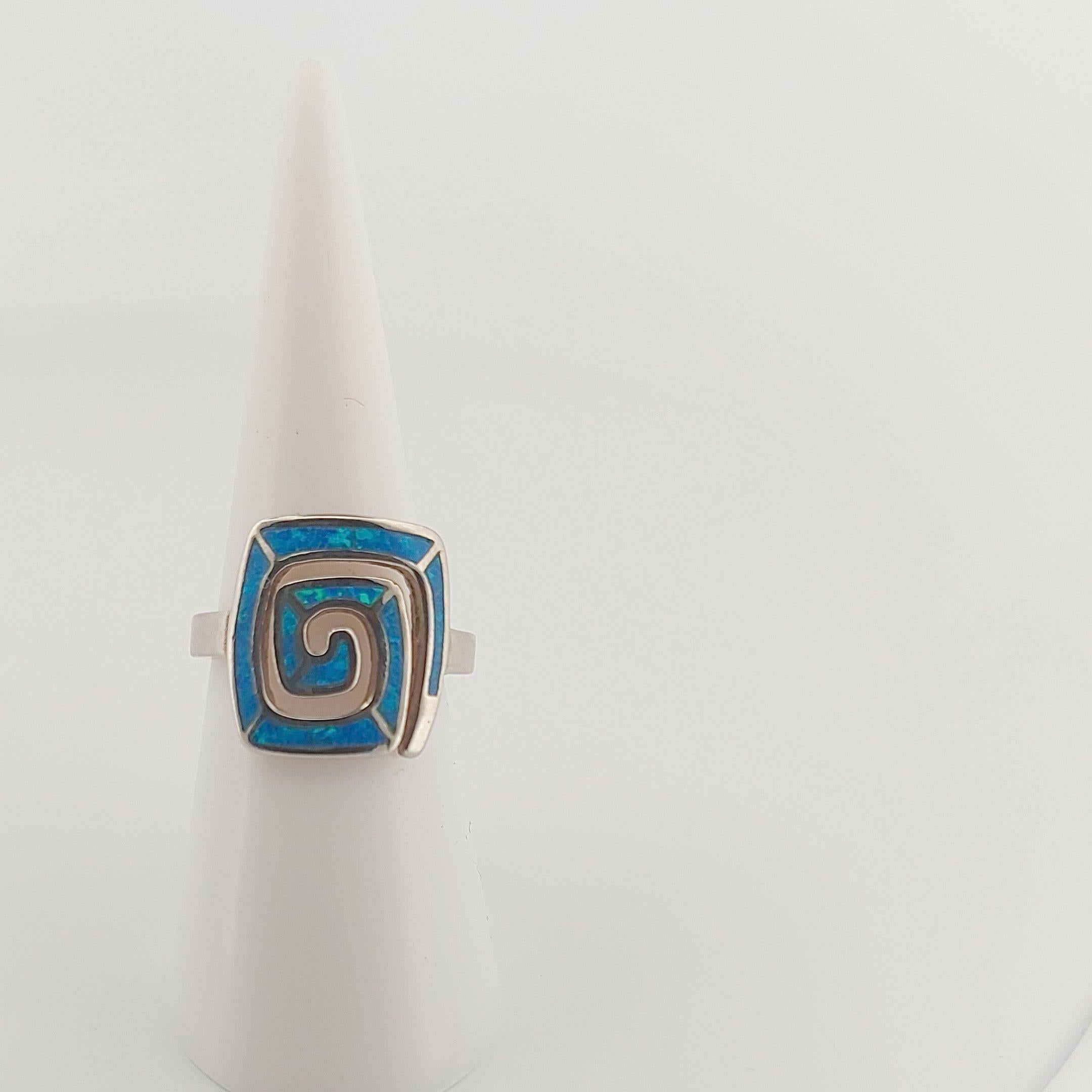 Sterling Silver Blue Opal Ring, Greek Key Meander Design, Rectangle Statement Ring