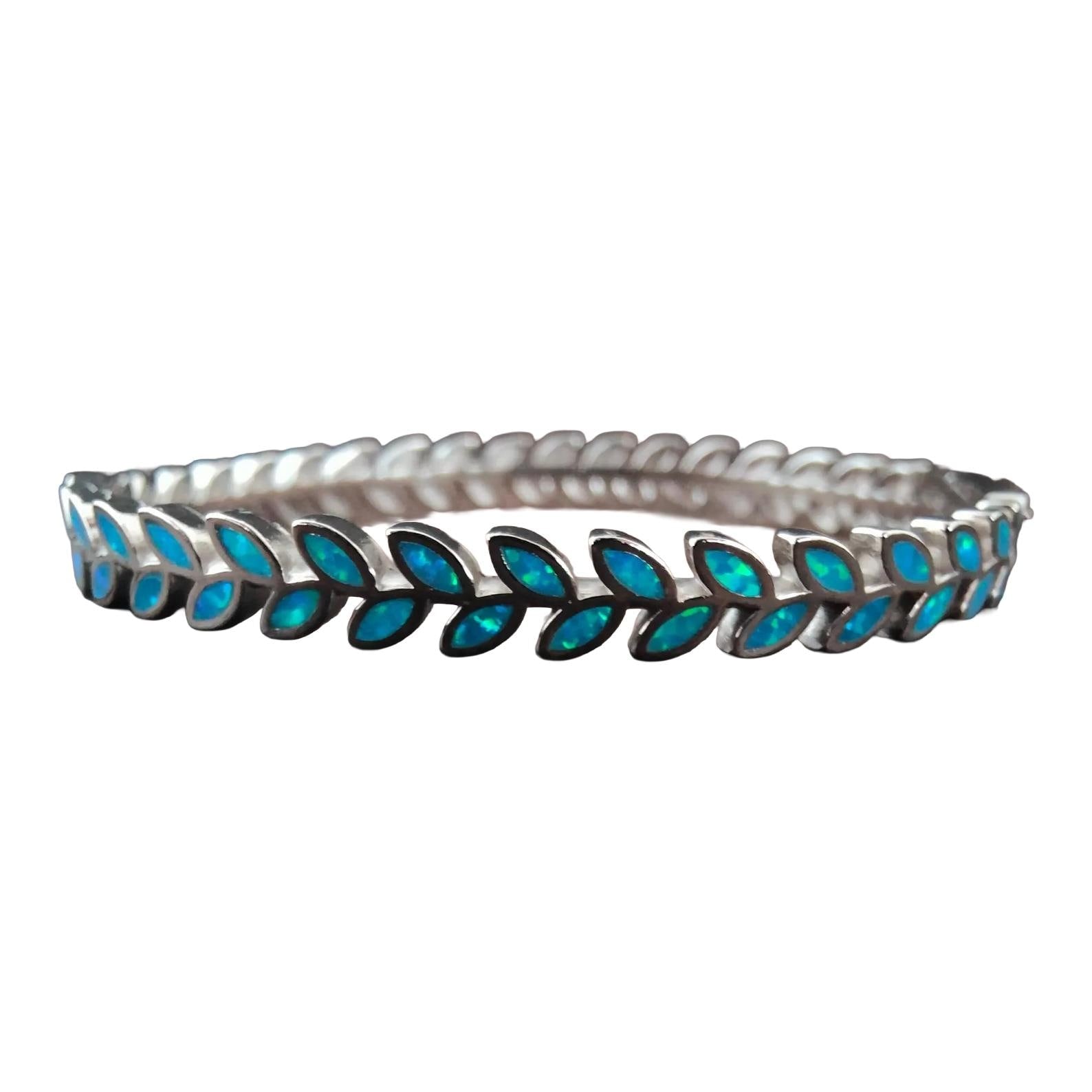 Blue Opal Olive Branch Bracelet, Sterling Silver Greek Style Bangle