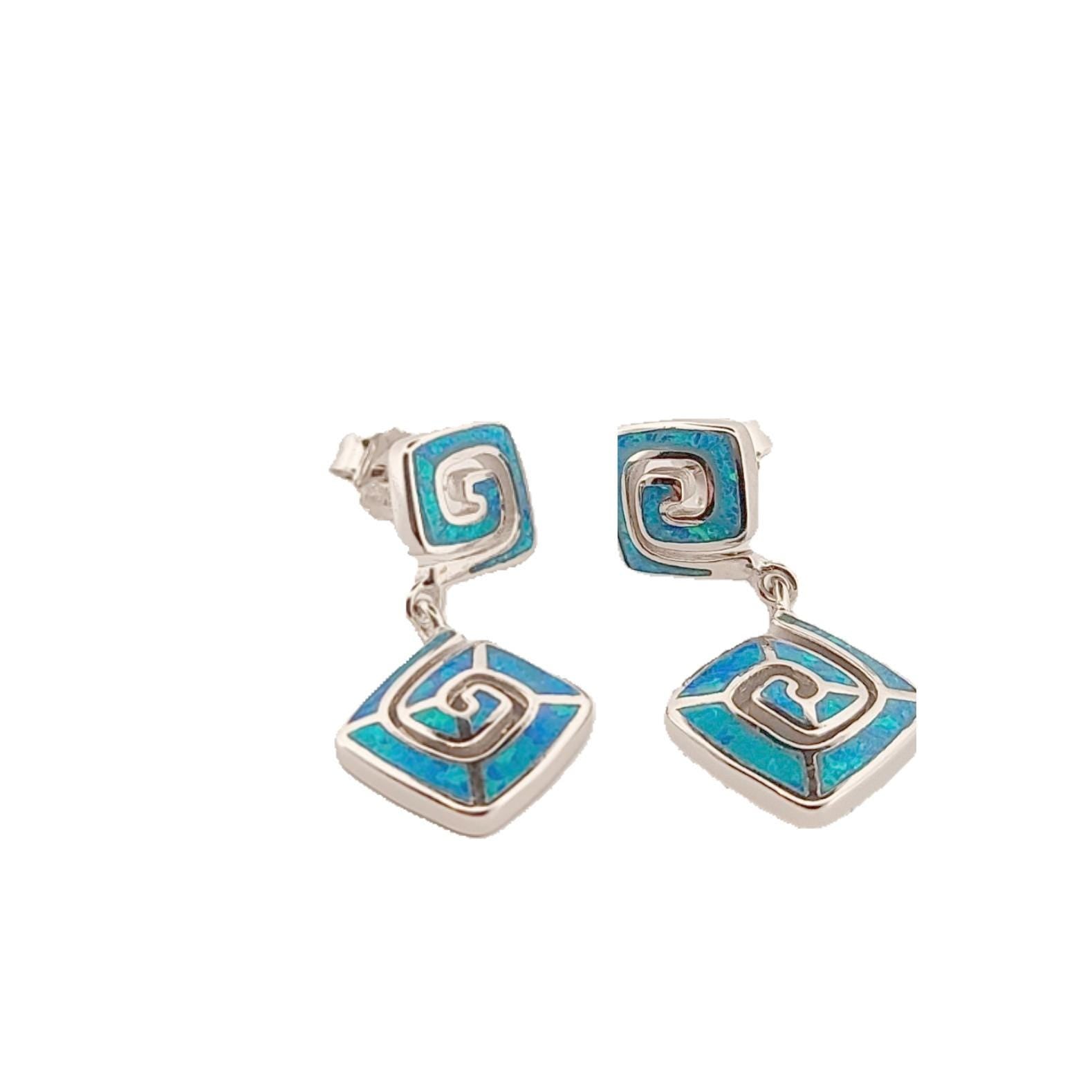 Sterling Silver Greek Key Dangle Earrings: Blue Opal Inlay