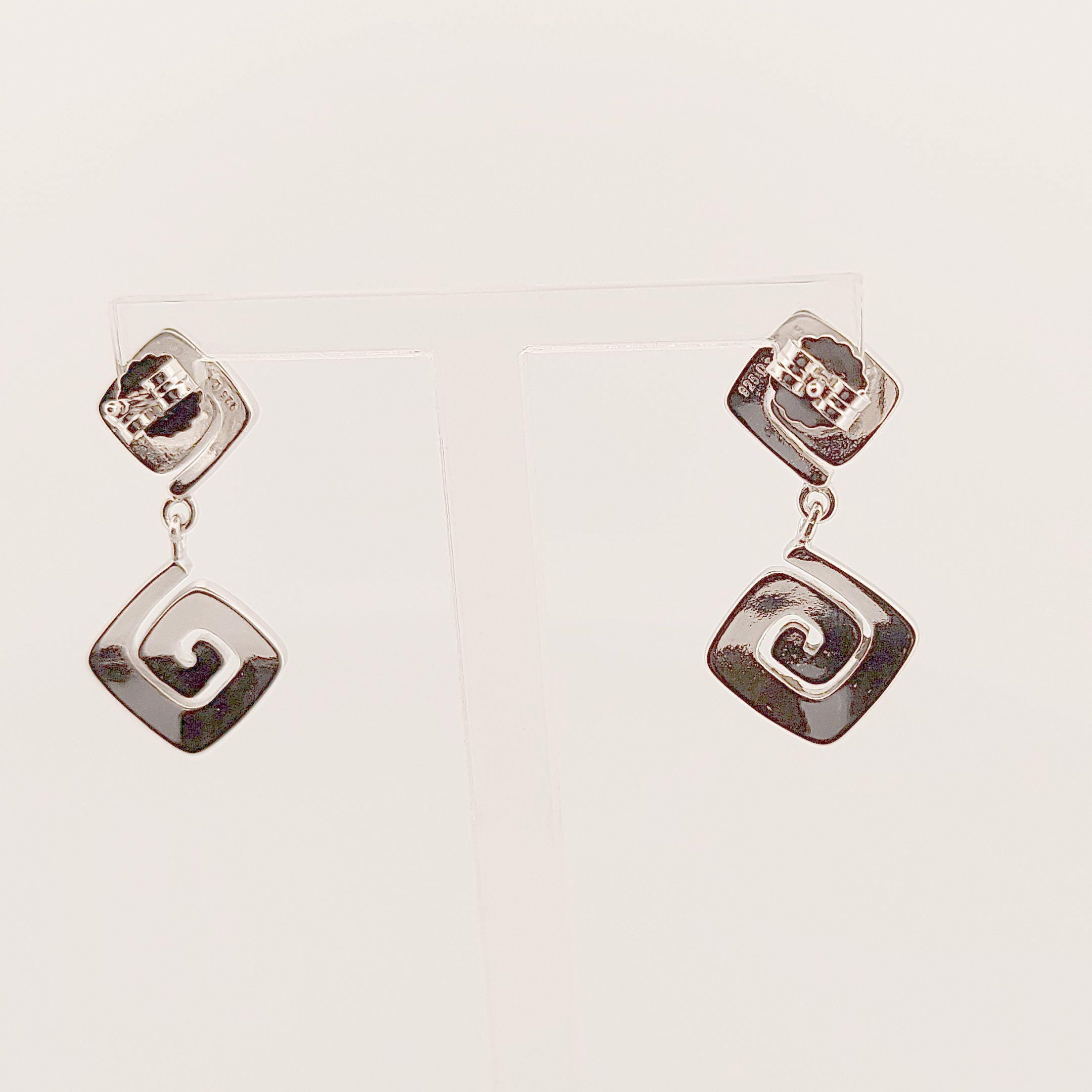 Sterling Silver Greek Key Dangle Earrings: Blue Opal Inlay