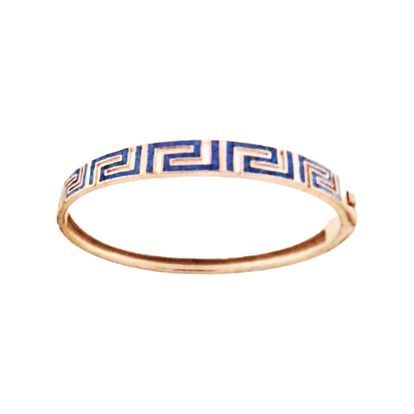 Greek Key Blue Opal Silver Bracelet, Meander Design Bangle