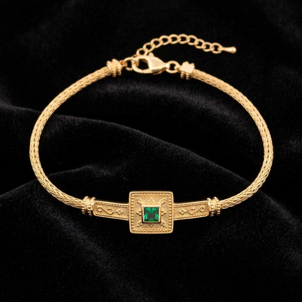 Byzantine Bracelet – Gold Plated Chain Sterling Silver Jewelry With Green Gemstone