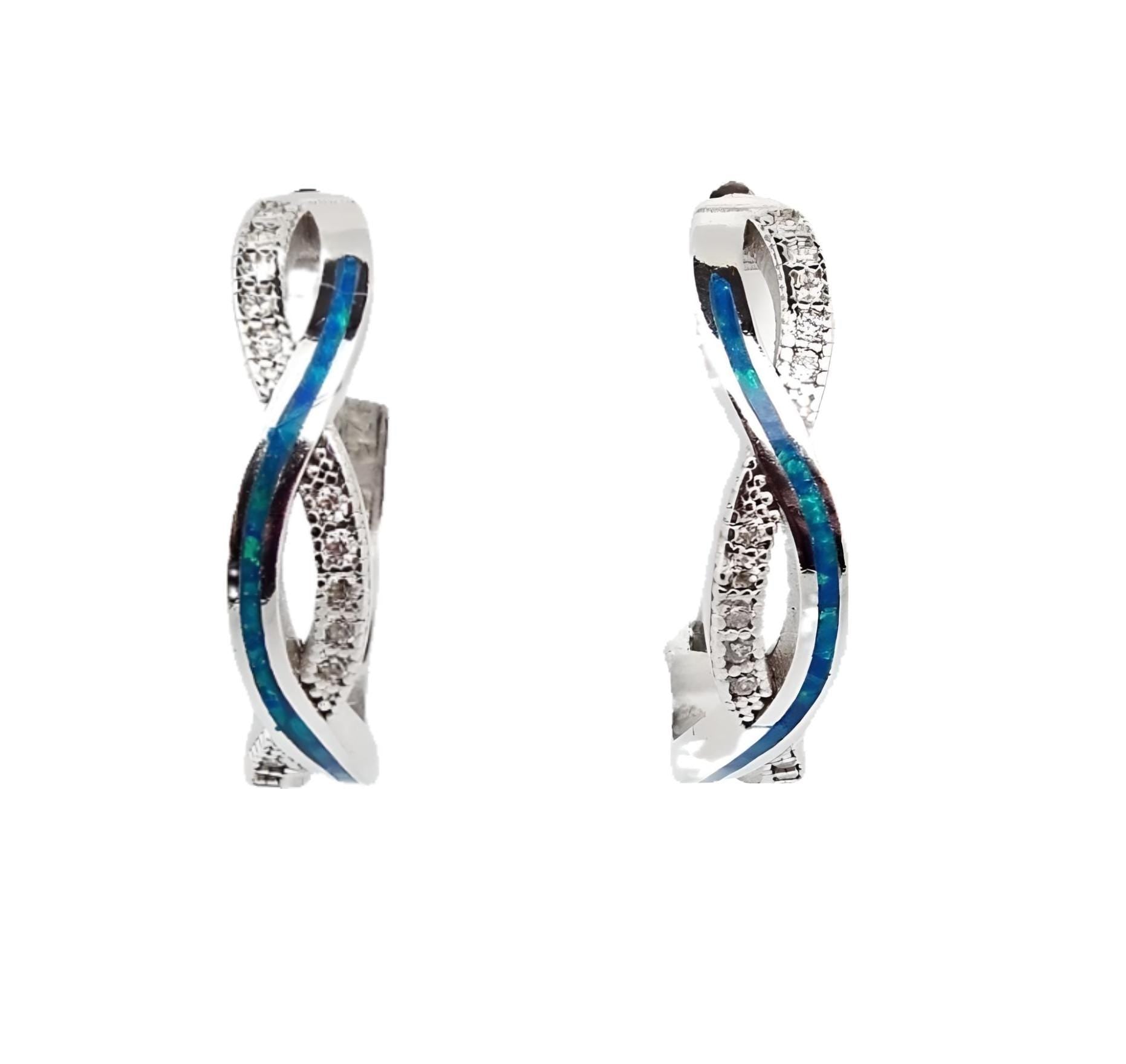 Sterling Silver Blue Opal Hoop Earrings: Greek Style 925 Silver