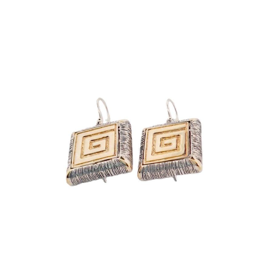 Greek Key Dangle Earrings – Two Tone Byzantine Style Square Drop Jewelry