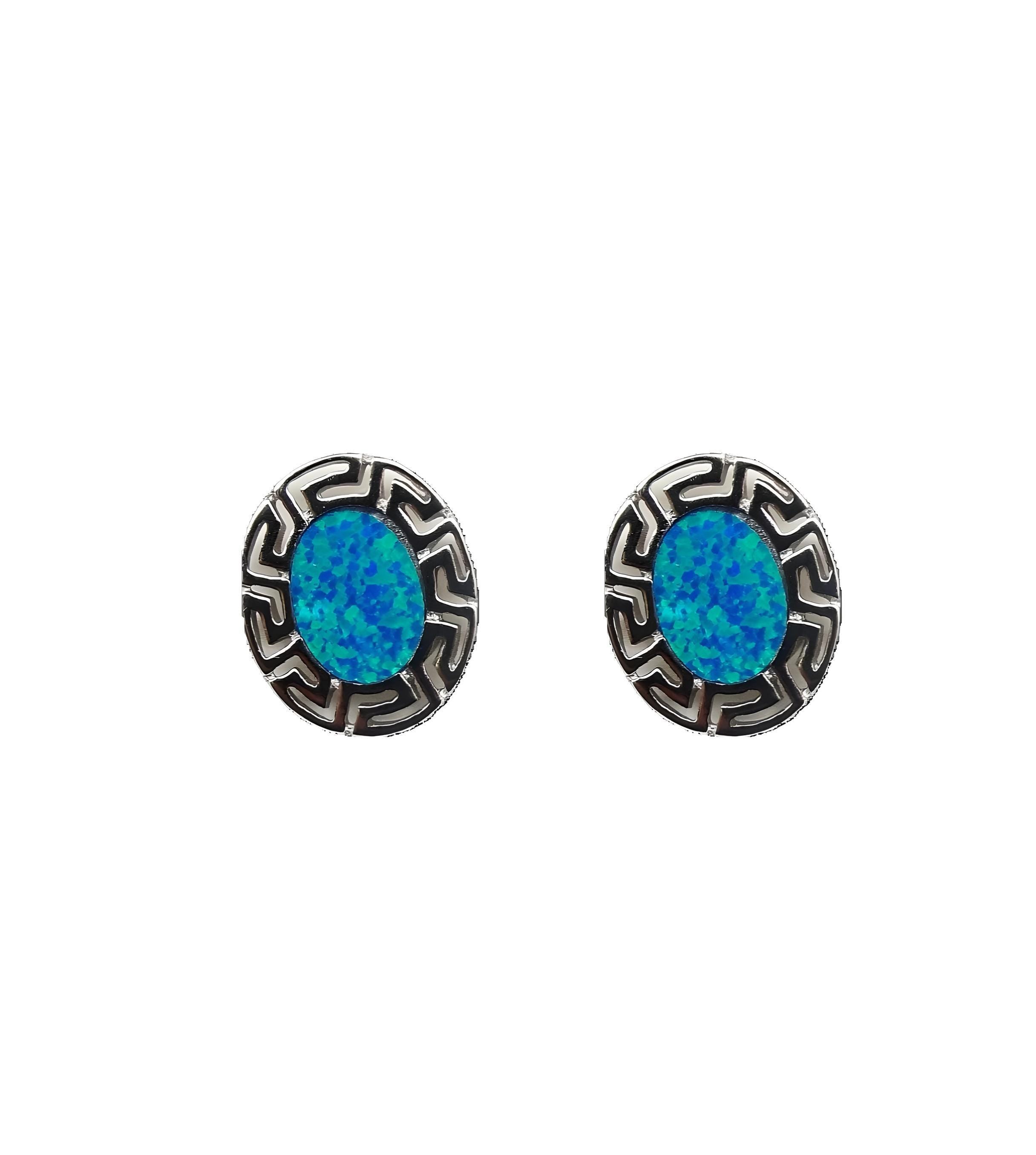 Sterling Silver Blue Opal Stud Earrings: Greek Key Design