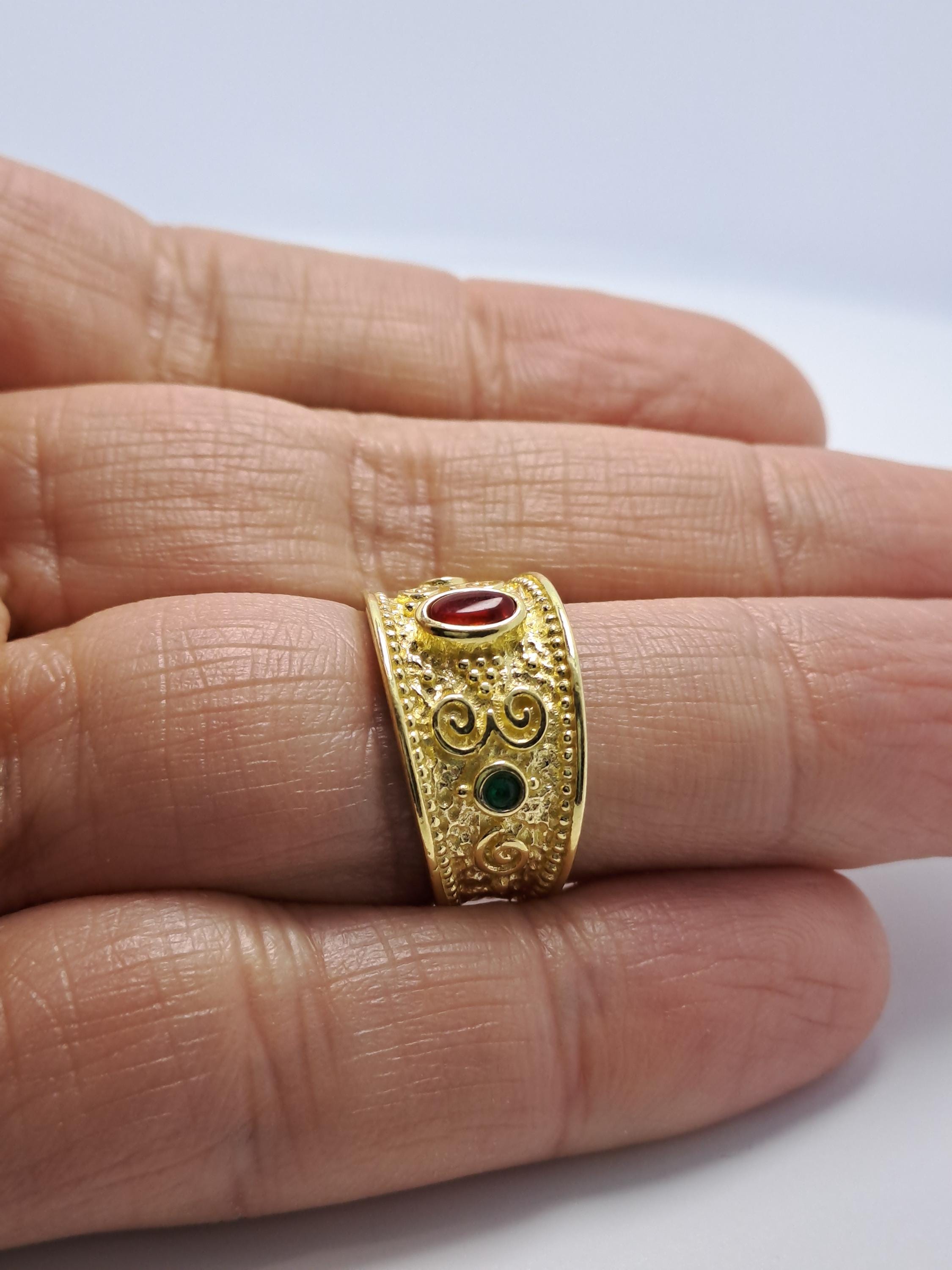 Byzantine Gold Ring – Adjustable Filigree Band With Red Zircon Stone & Green Accents