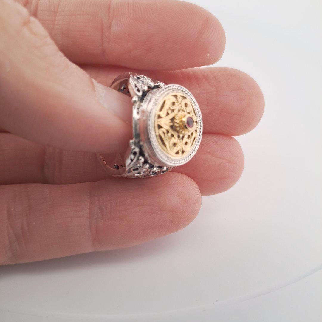 Byzantine Ruby Ring – Gold Plated Sterling Silver Band With Medieval Filigree