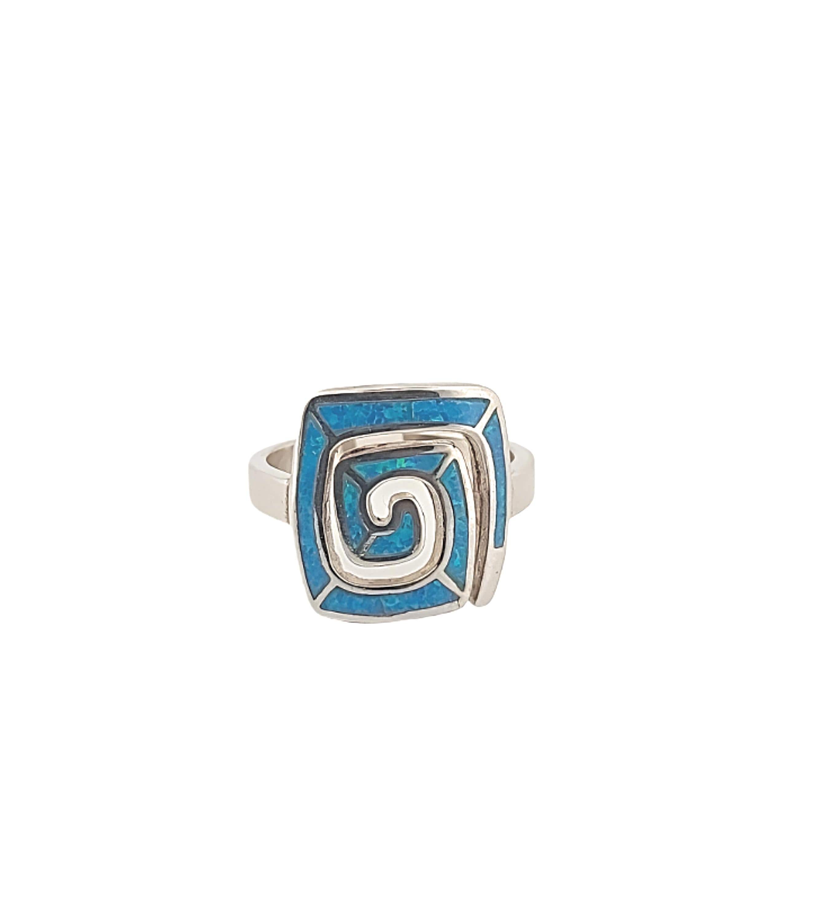 Sterling Silver Blue Opal Ring, Greek Key Meander Design, Rectangle Statement Ring