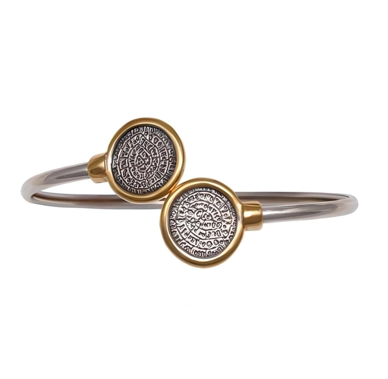 Phaistos Disc Bracelet: Sterling Silver & Gold-Plated Minoan Bangle