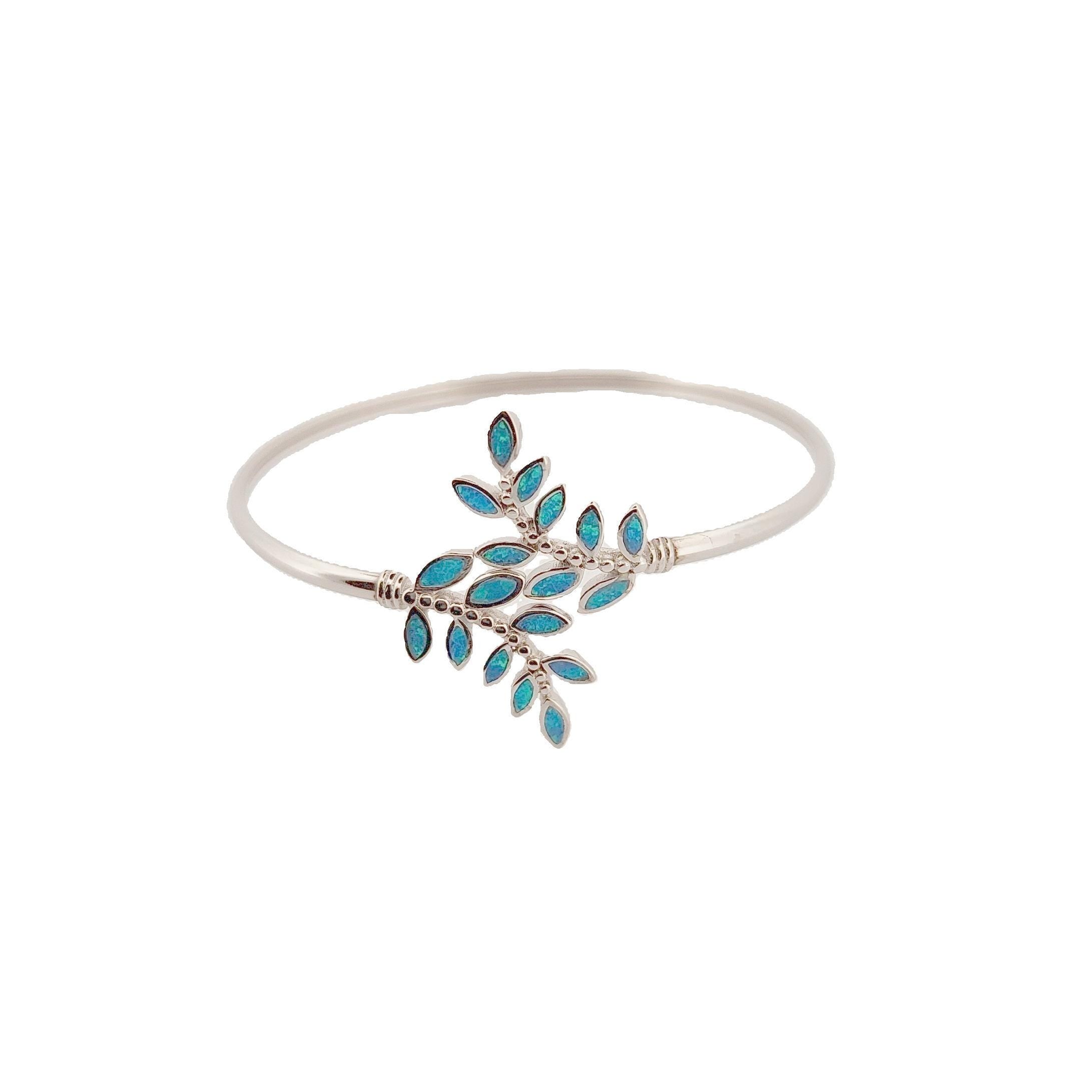 Blue Opal Olive Tree Branch Leaf Bracelet, 925 Sterling Silver, Greek Jewelry Design