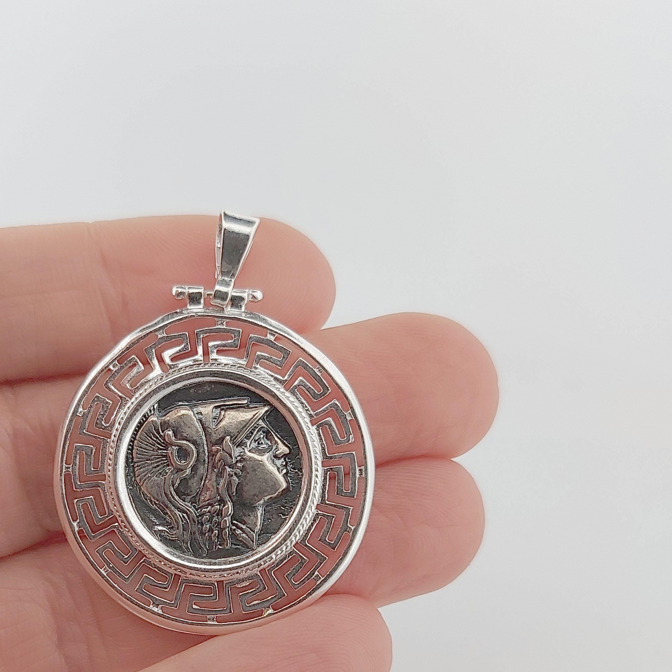 Sterling Silver Athena Pendant: Greek Key Medallion